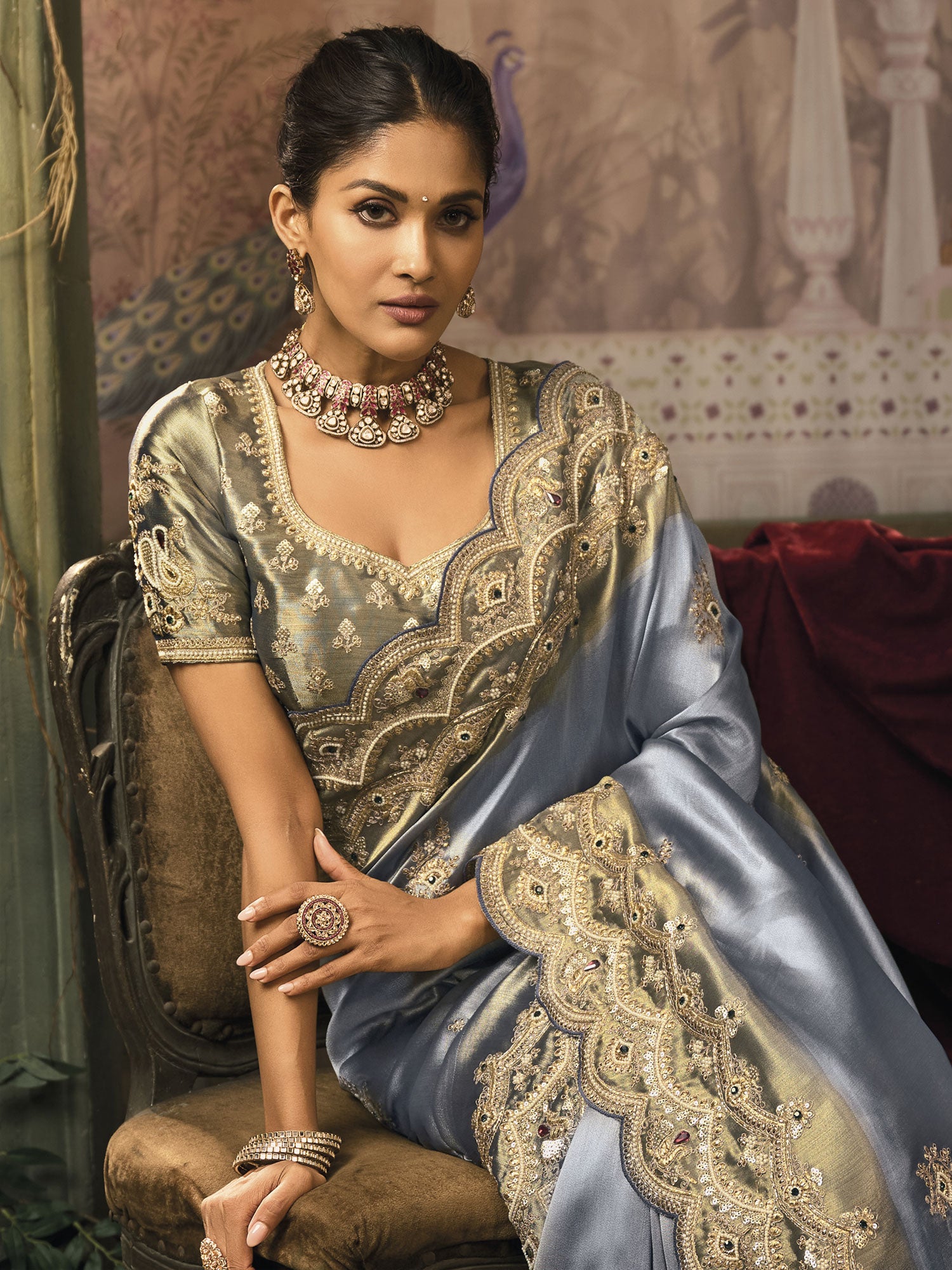 Blue Heavy Embroidered Bridesmaid Saree In Silk