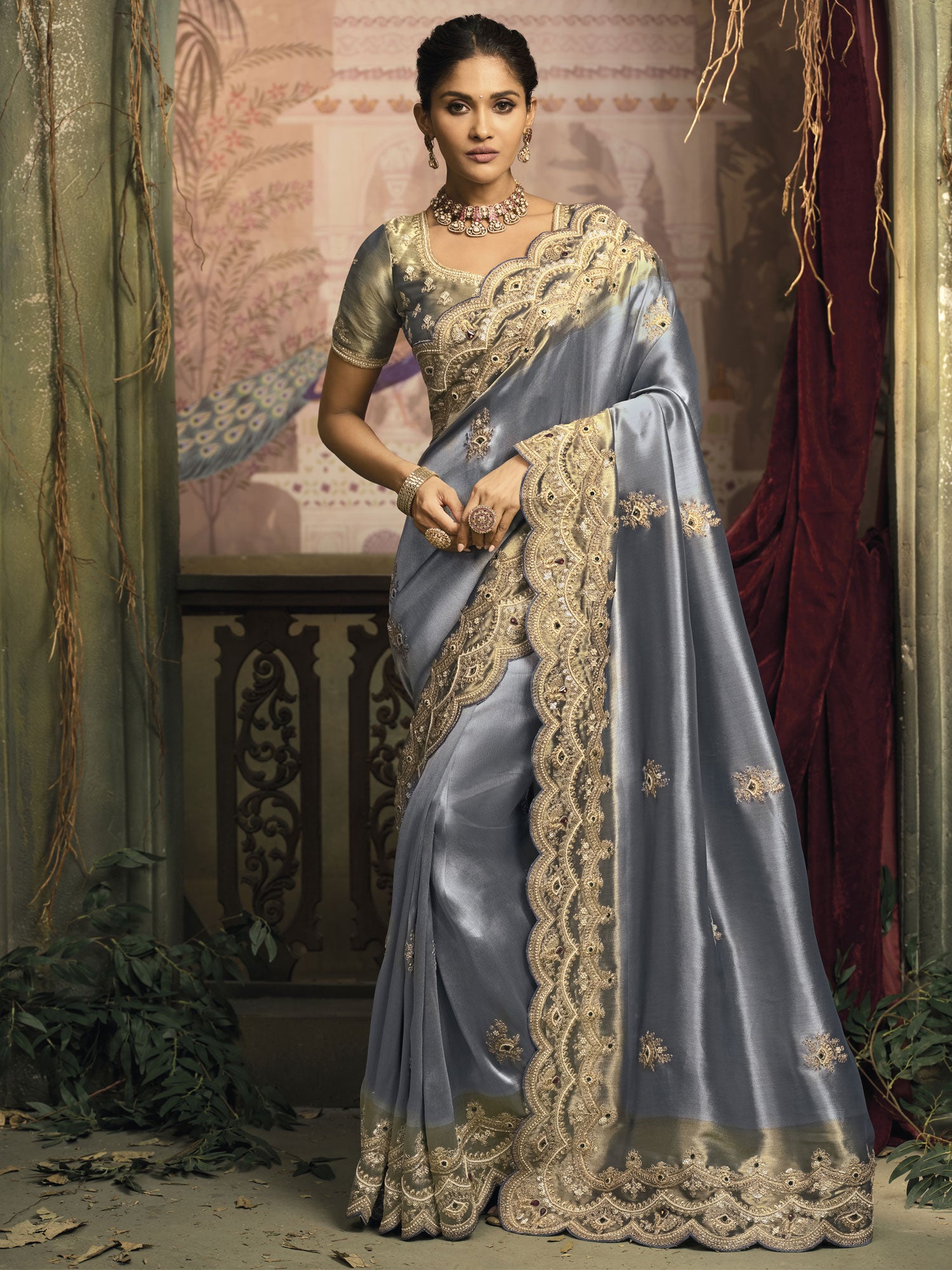 Blue Heavy Embroidered Bridesmaid Saree In Silk