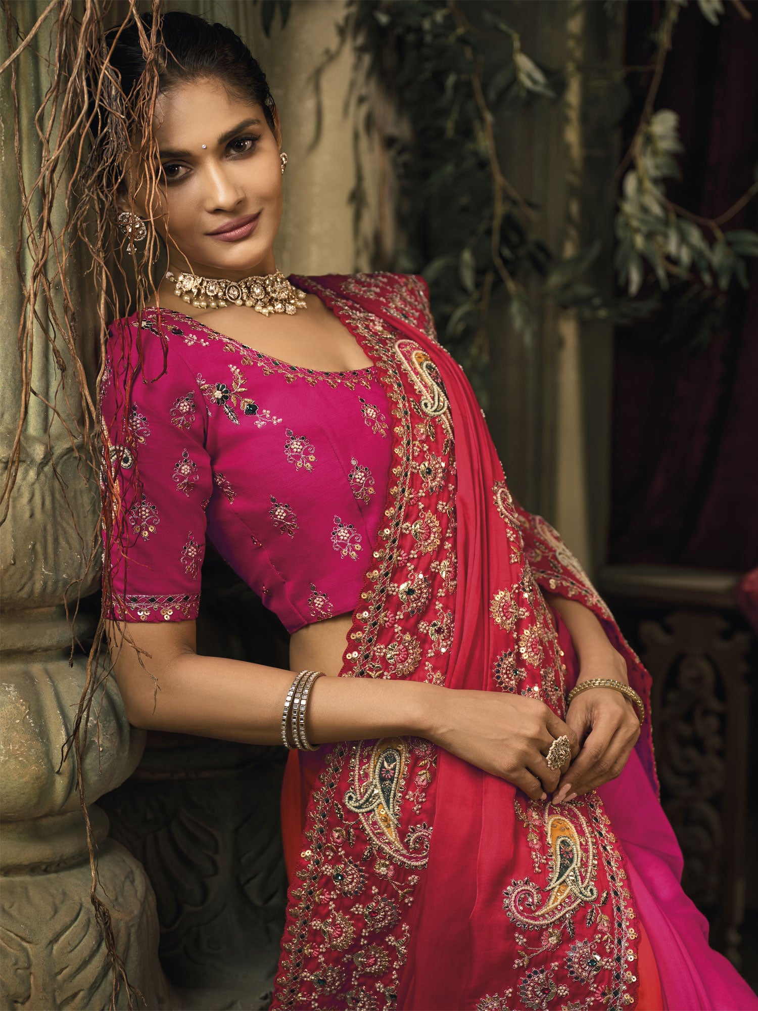 Pink And Orange Shaded Bridal Saree With Blouse