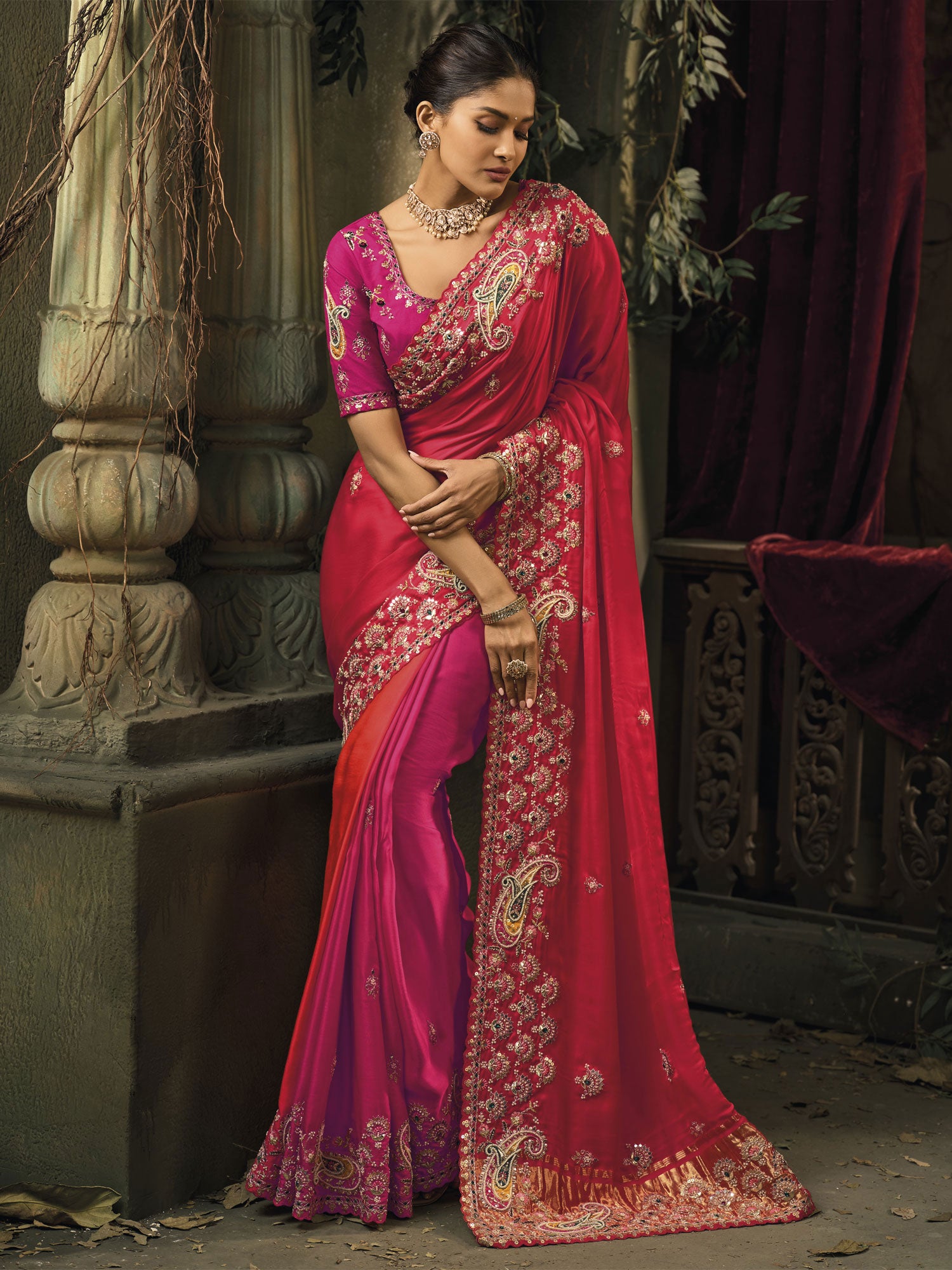 Pink And Orange Shaded Bridal Saree With Blouse