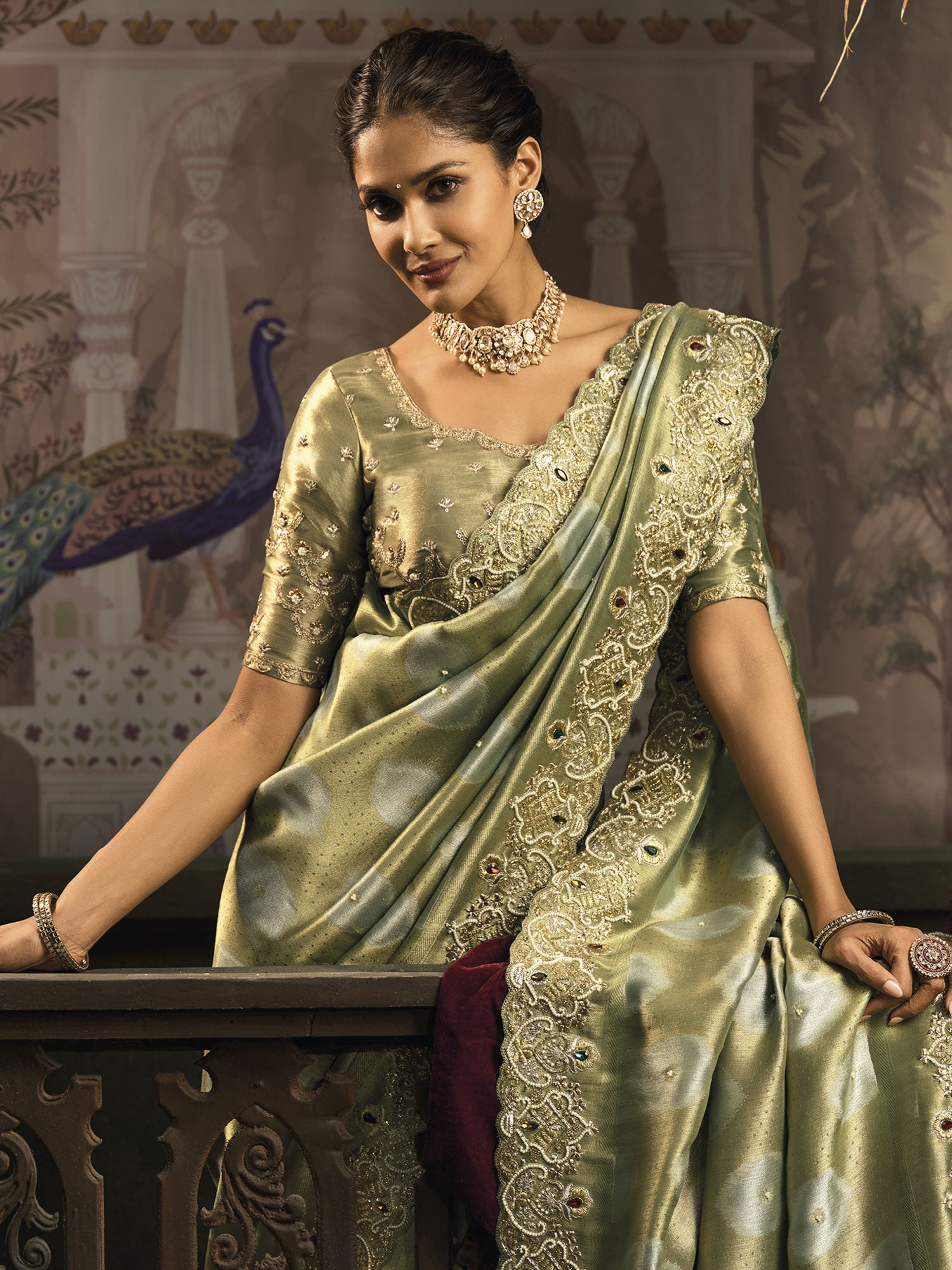 Green Motti Work Saree With Embroidered Borders