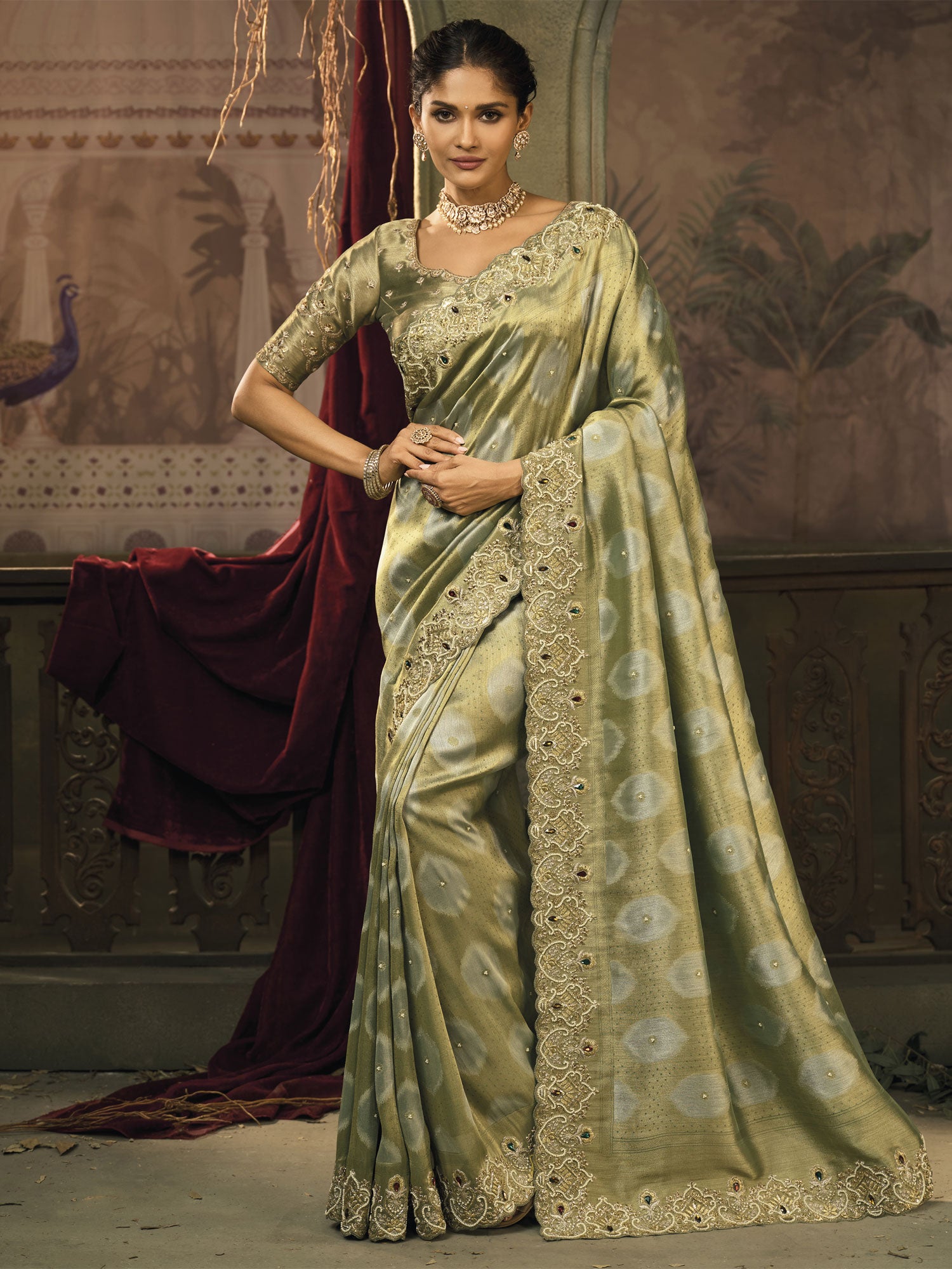 Green Motti Work Saree With Embroidered Borders