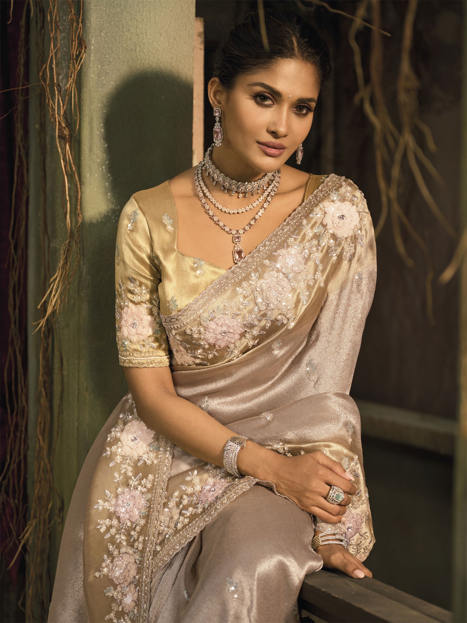 Pink Sequins Work Saree With Woven Pallu