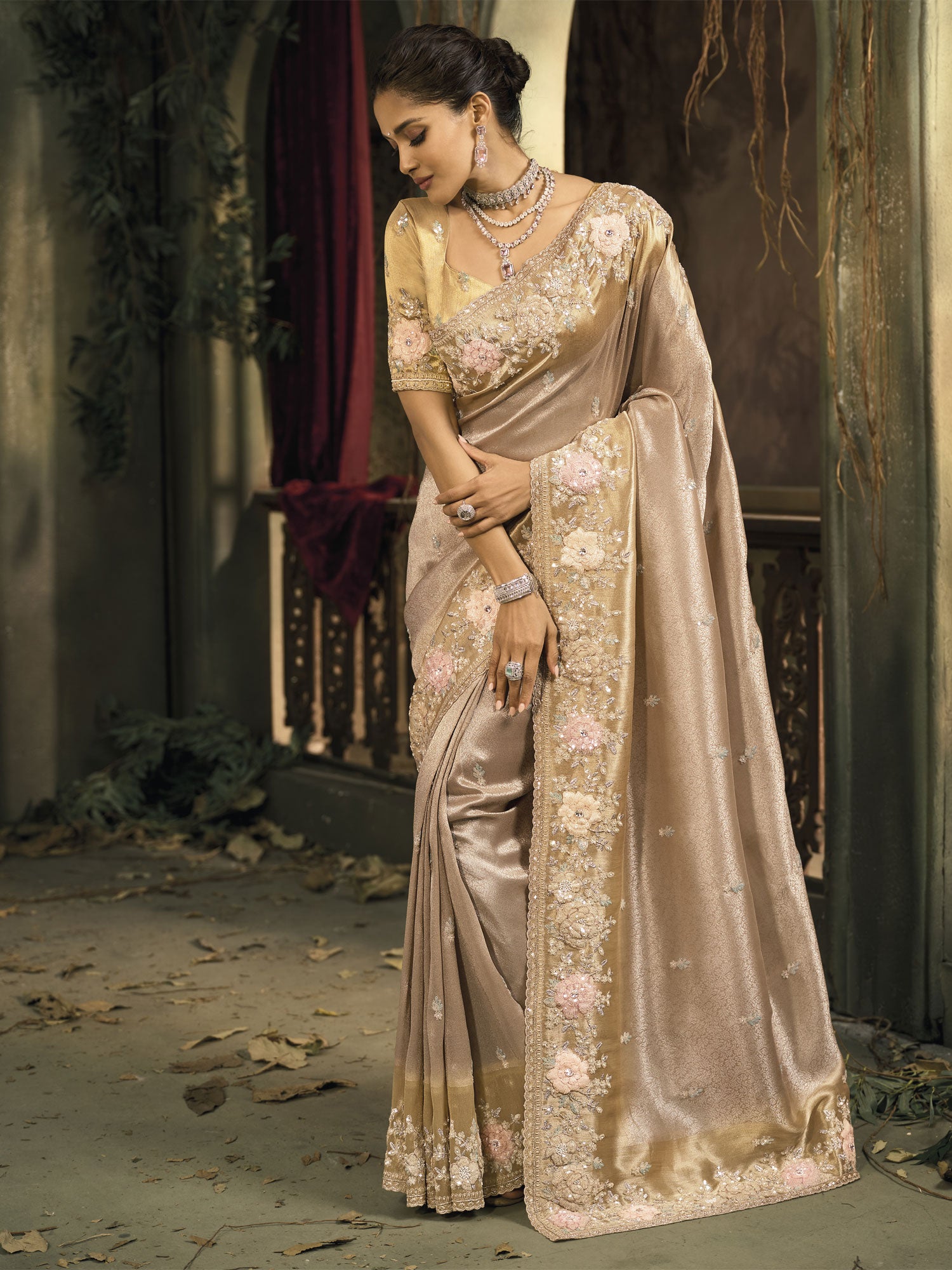 Pink Sequins Work Saree With Woven Pallu