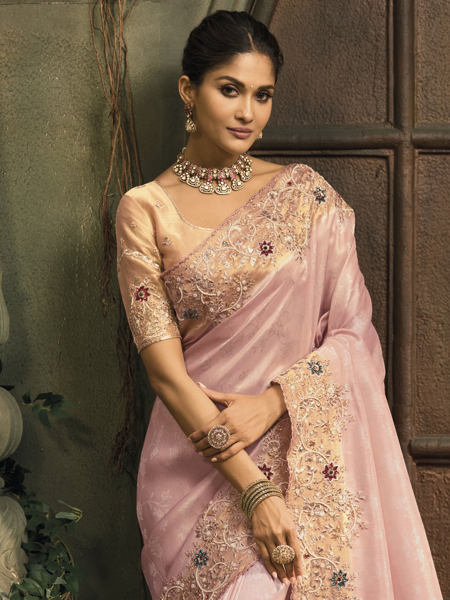 Pink Wedding Saree With Heavy Floral Borders