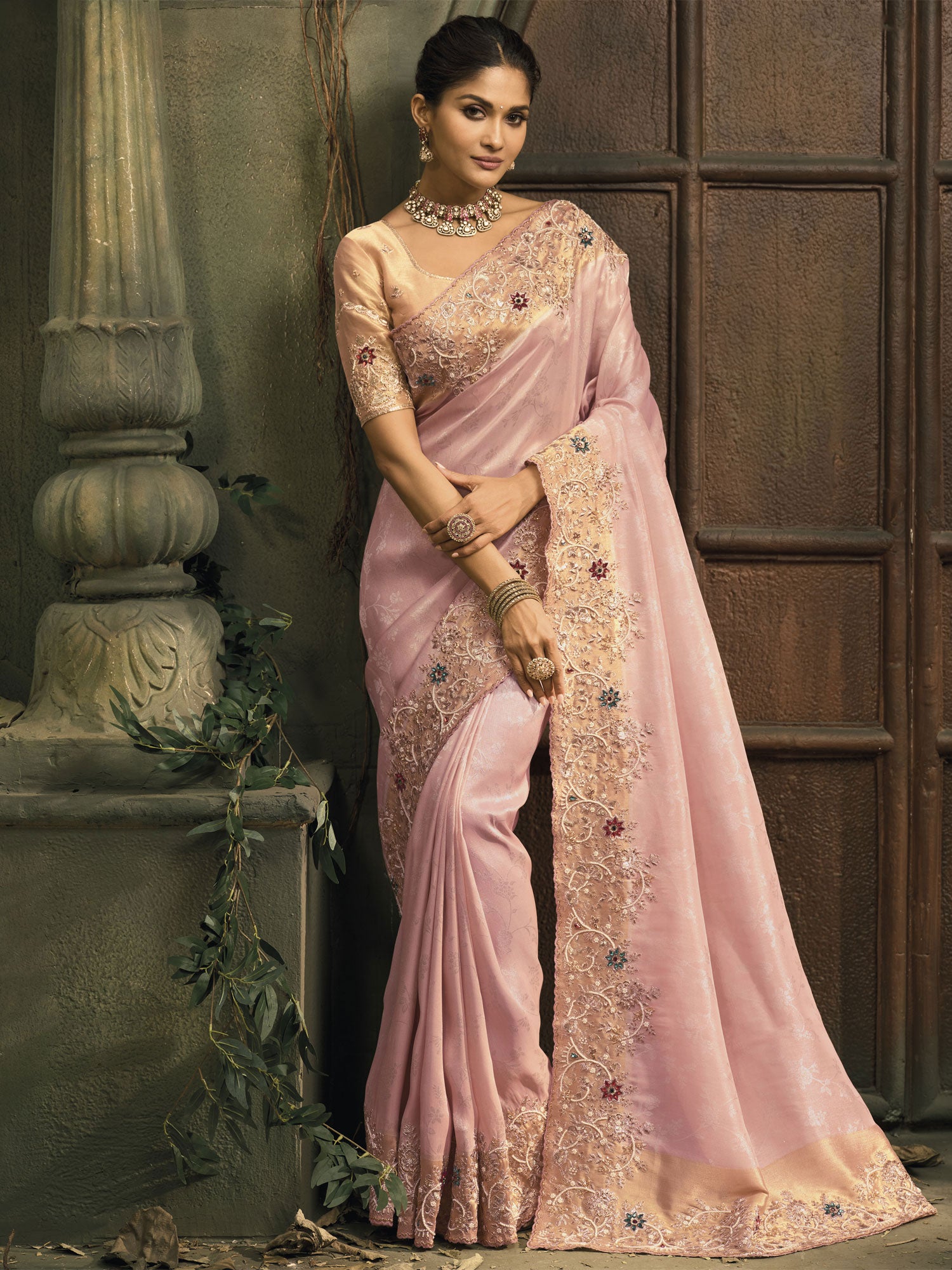 Pink Wedding Saree With Heavy Floral Borders