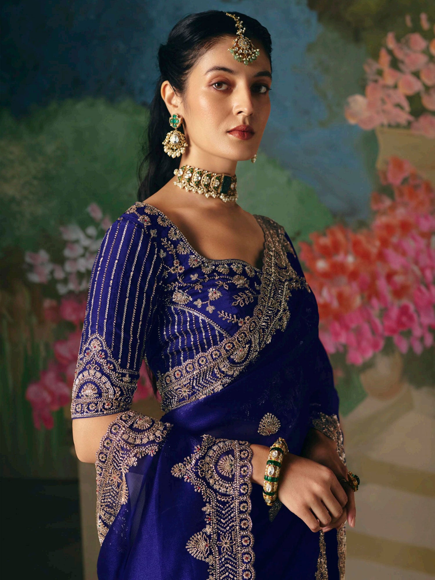 Blue Heavy Embroidered Saree With Blouse