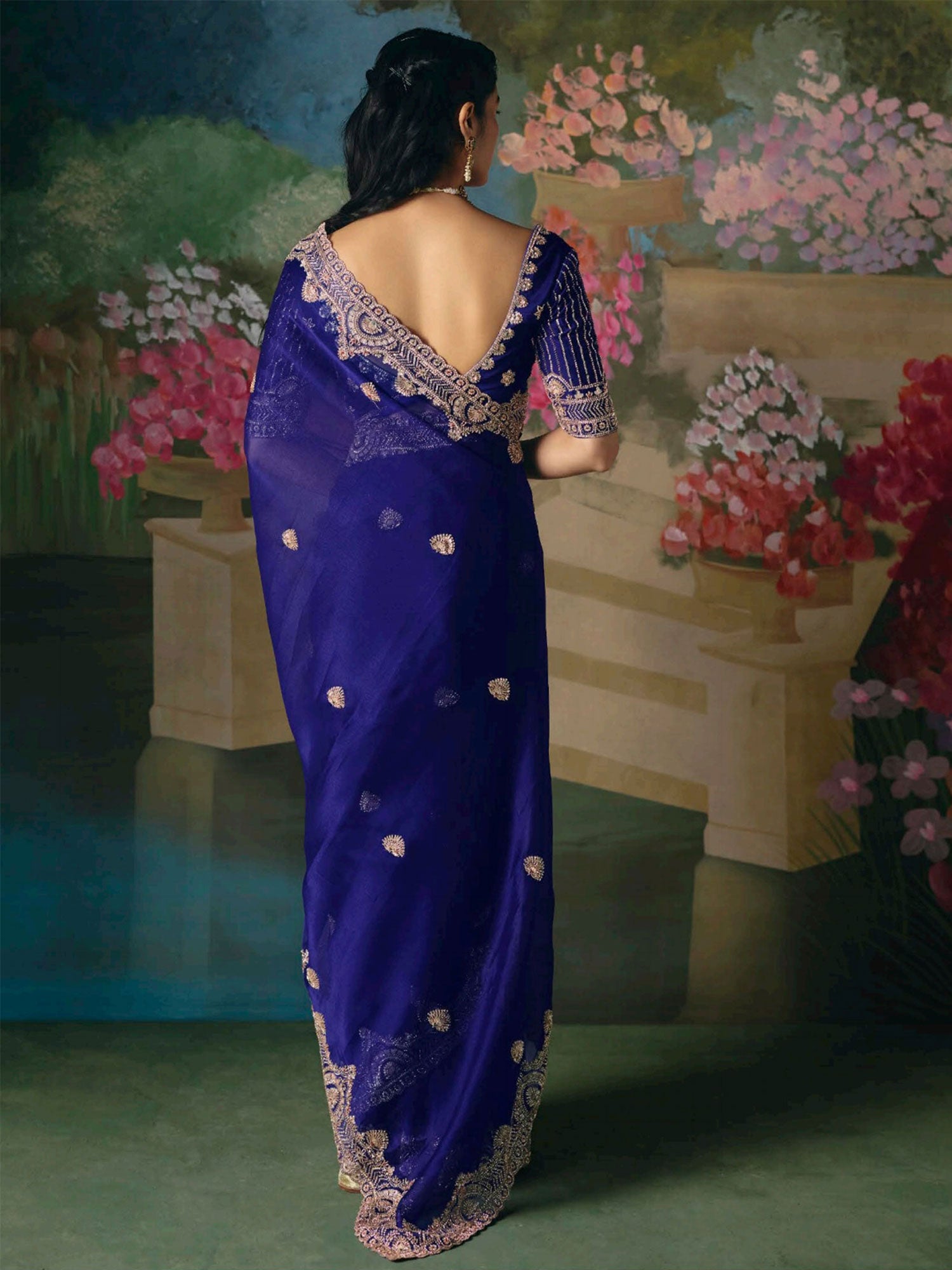Blue Heavy Embroidered Saree With Blouse