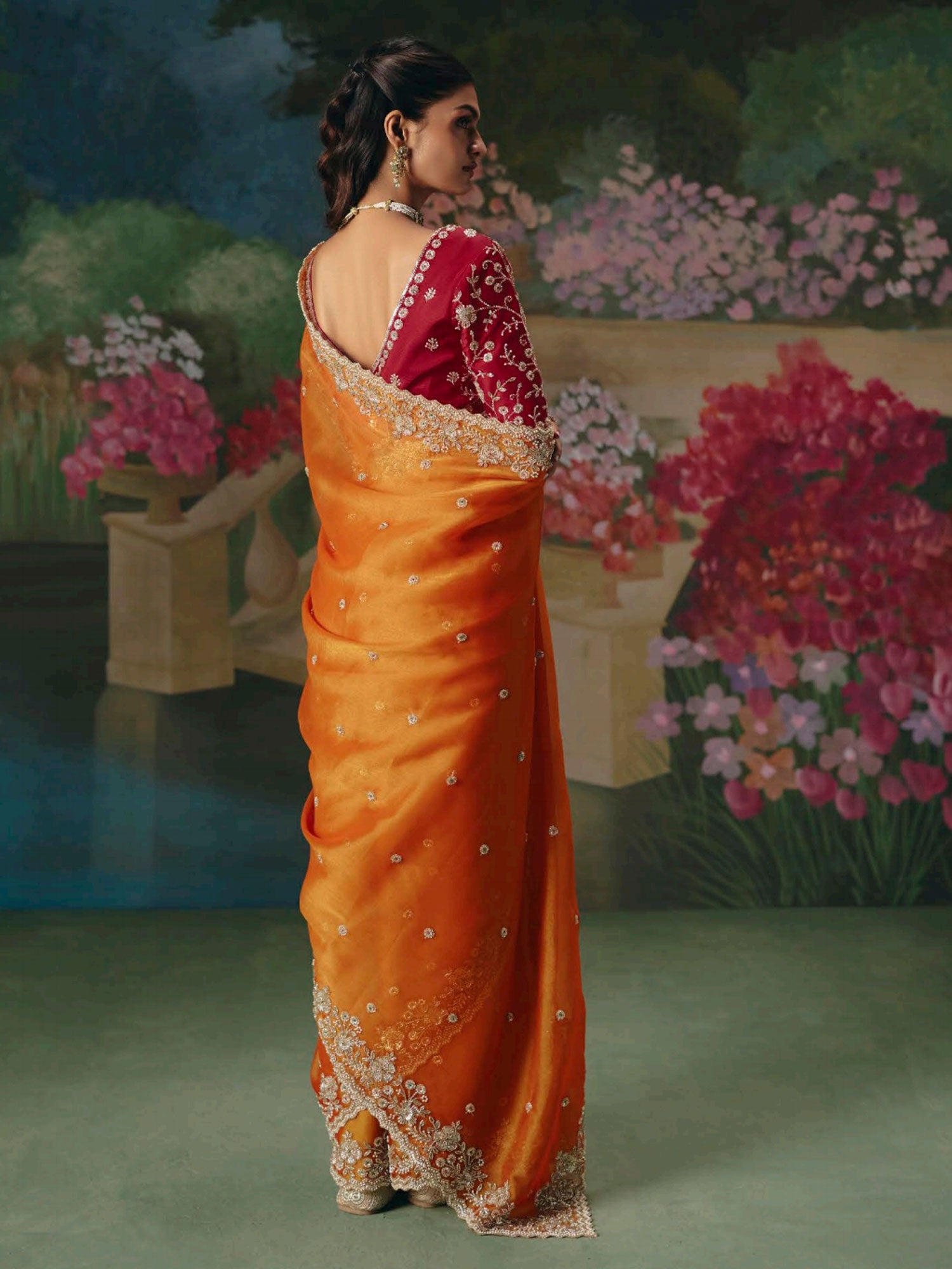 Orange Wedding Wear Saree In Sequins Work