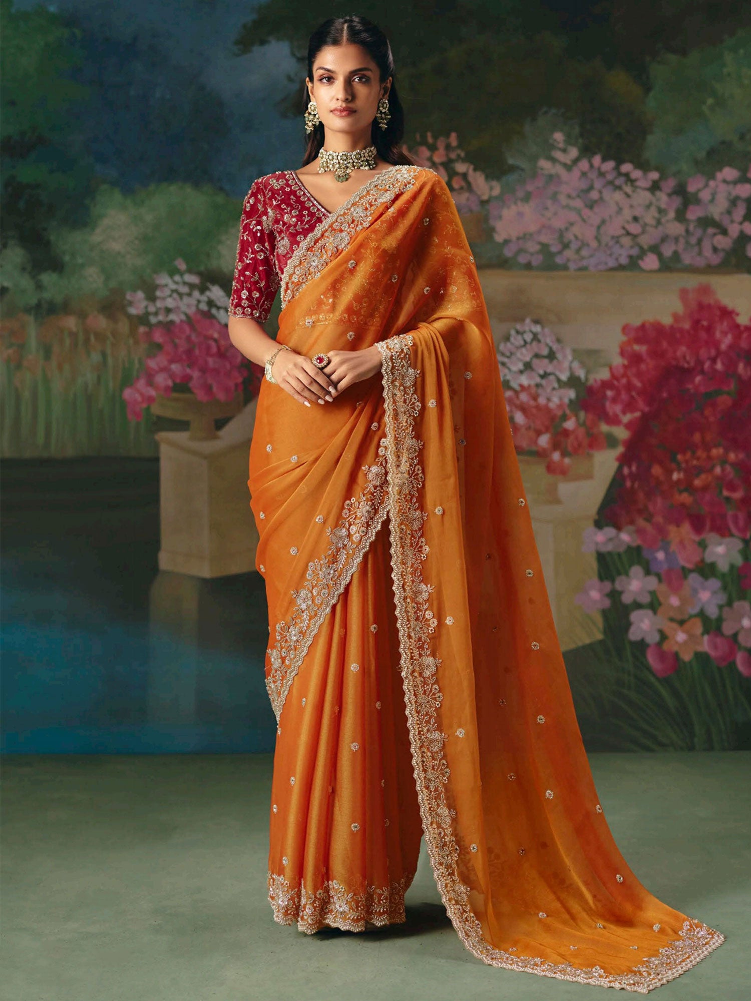 Orange Wedding Wear Saree In Sequins Work