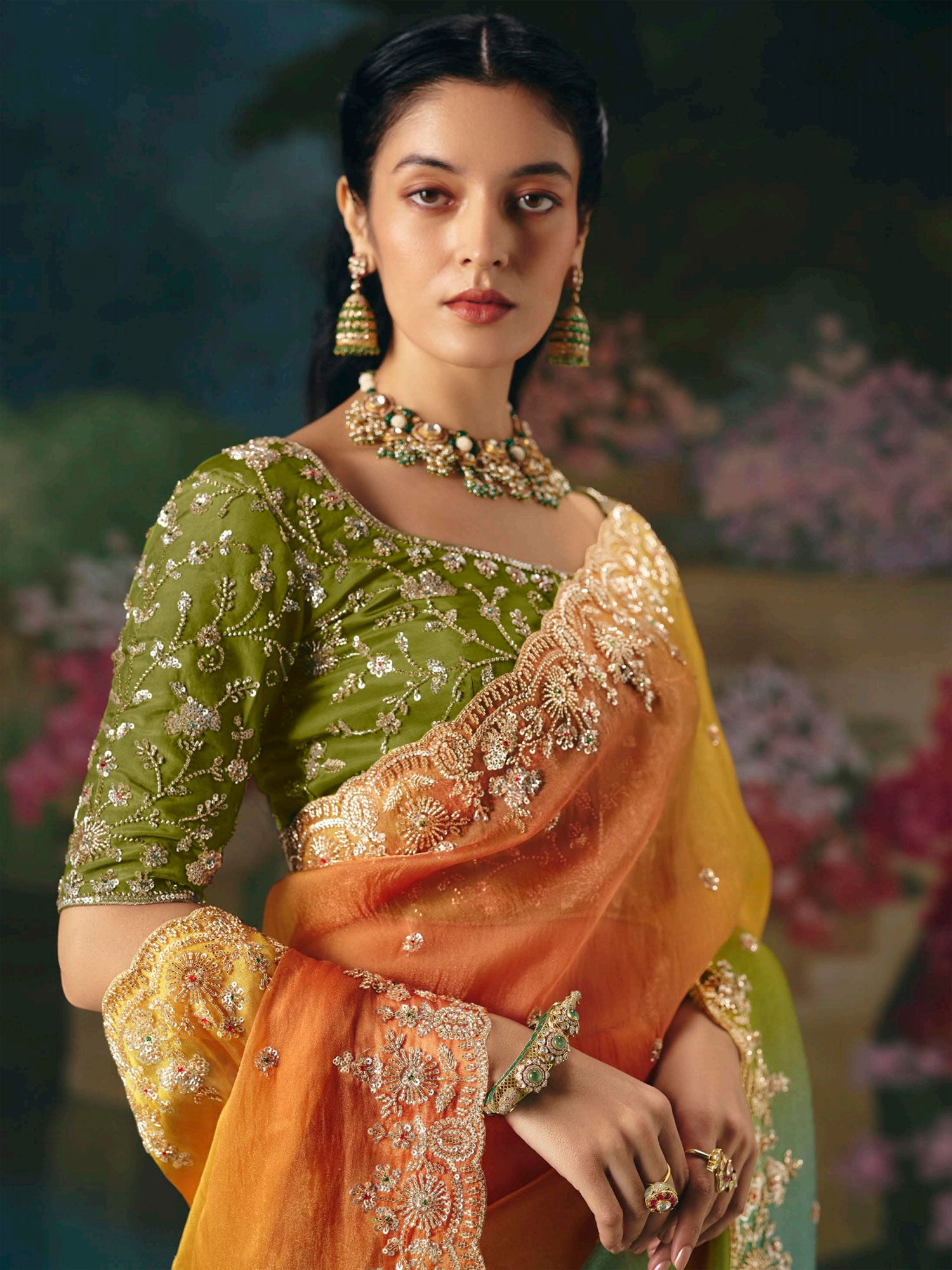 Multicolor Zar Work Bridesmaid Saree In Silk