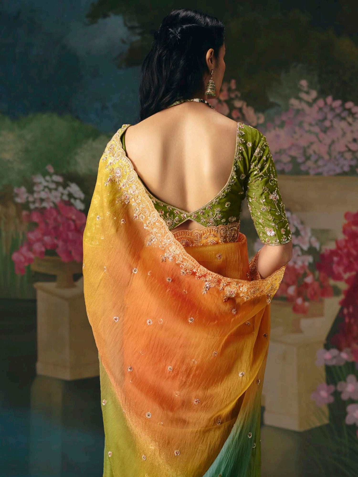 Multicolor Zar Work Bridesmaid Saree In Silk