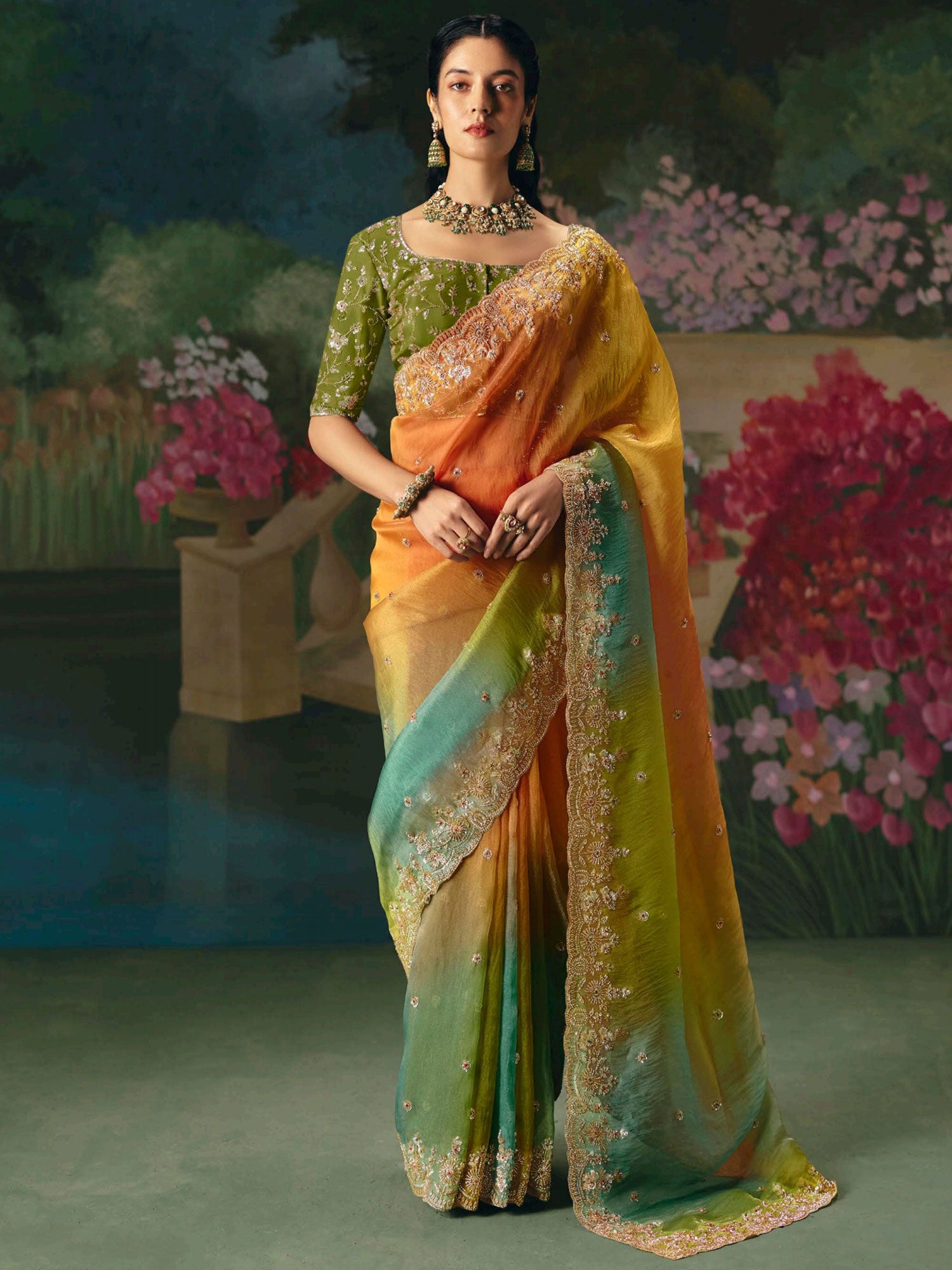 Multicolor Zar Work Bridesmaid Saree In Silk