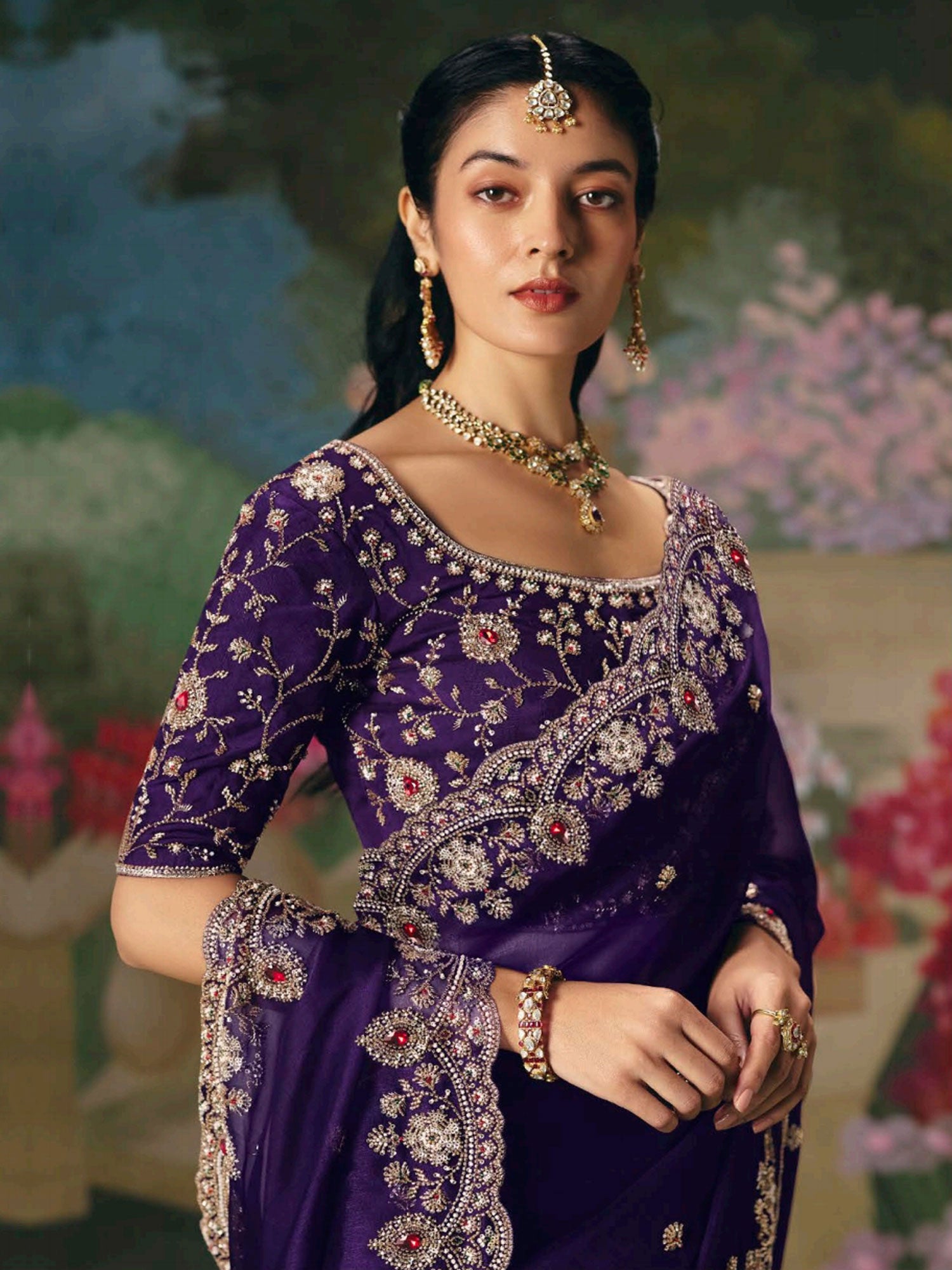 Purple Silk Saree With Embroidred Blouse