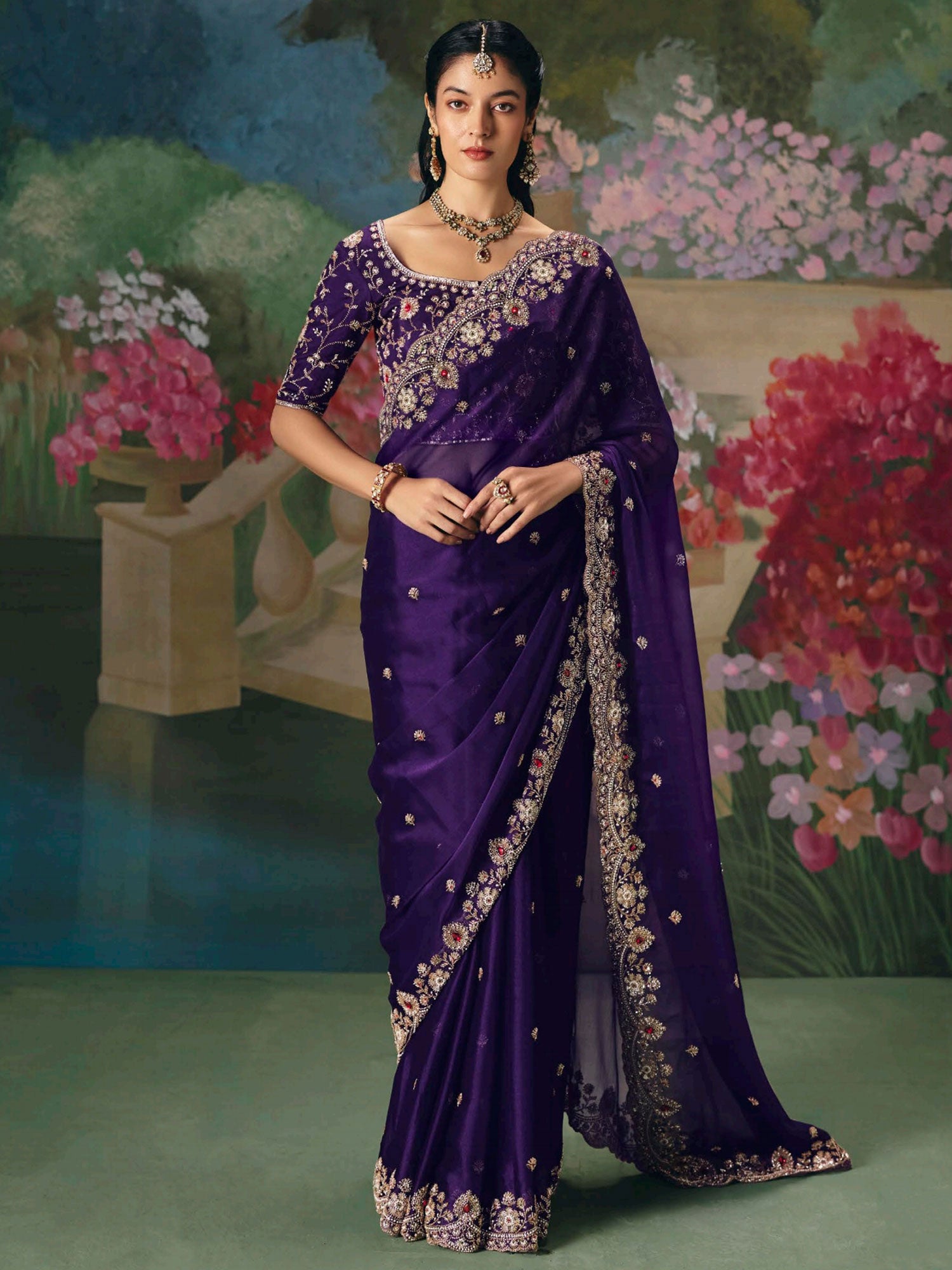 Purple Silk Saree With Embroidred Blouse