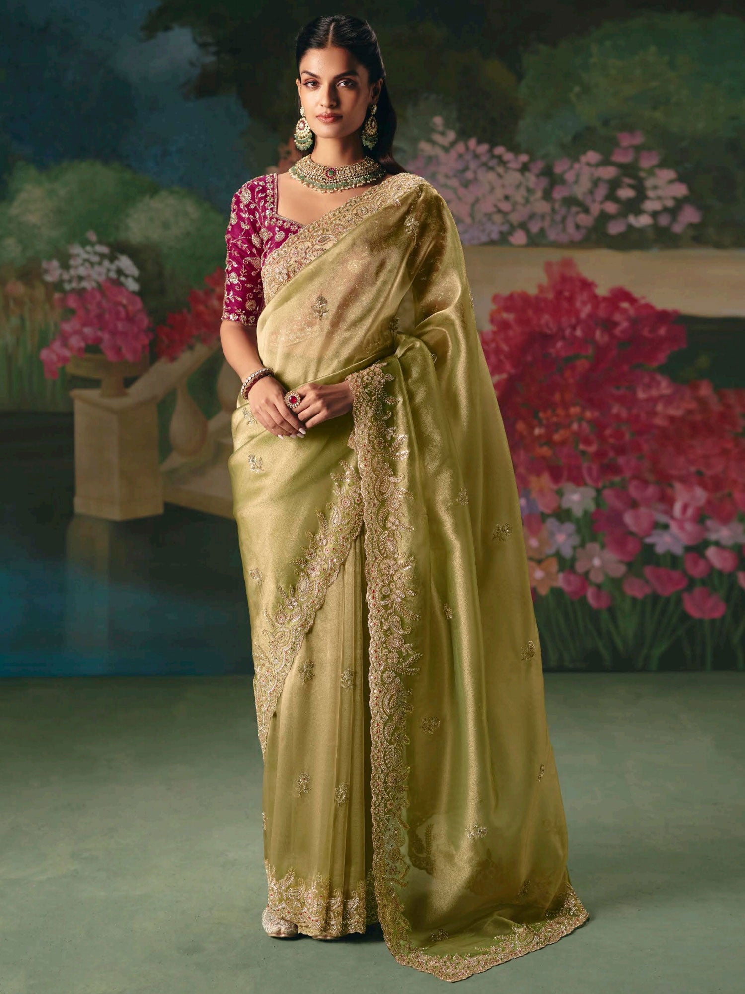 Green Wedding Wear Saree With Blouse