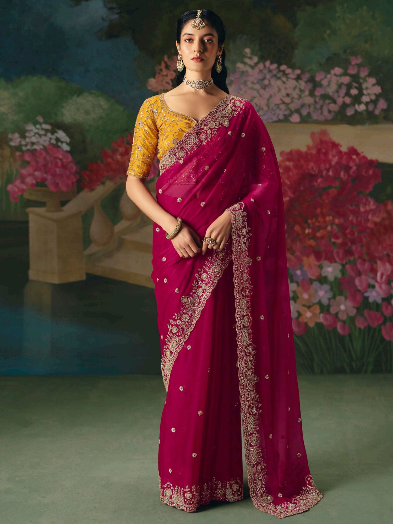 Rani Pink Floral Thread Work Wedding Saree