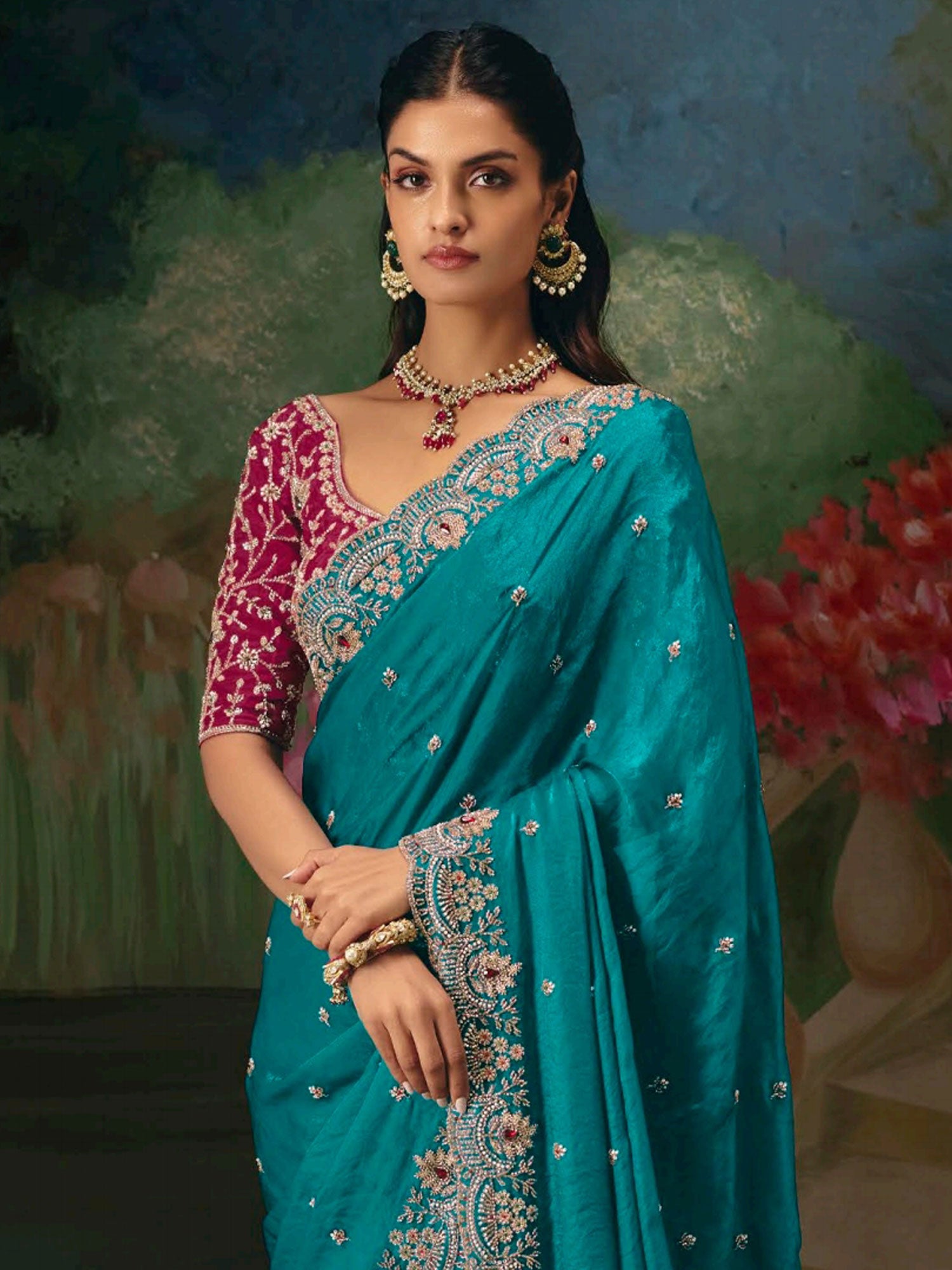 Turquoise Party Wear Saree In Thread Work