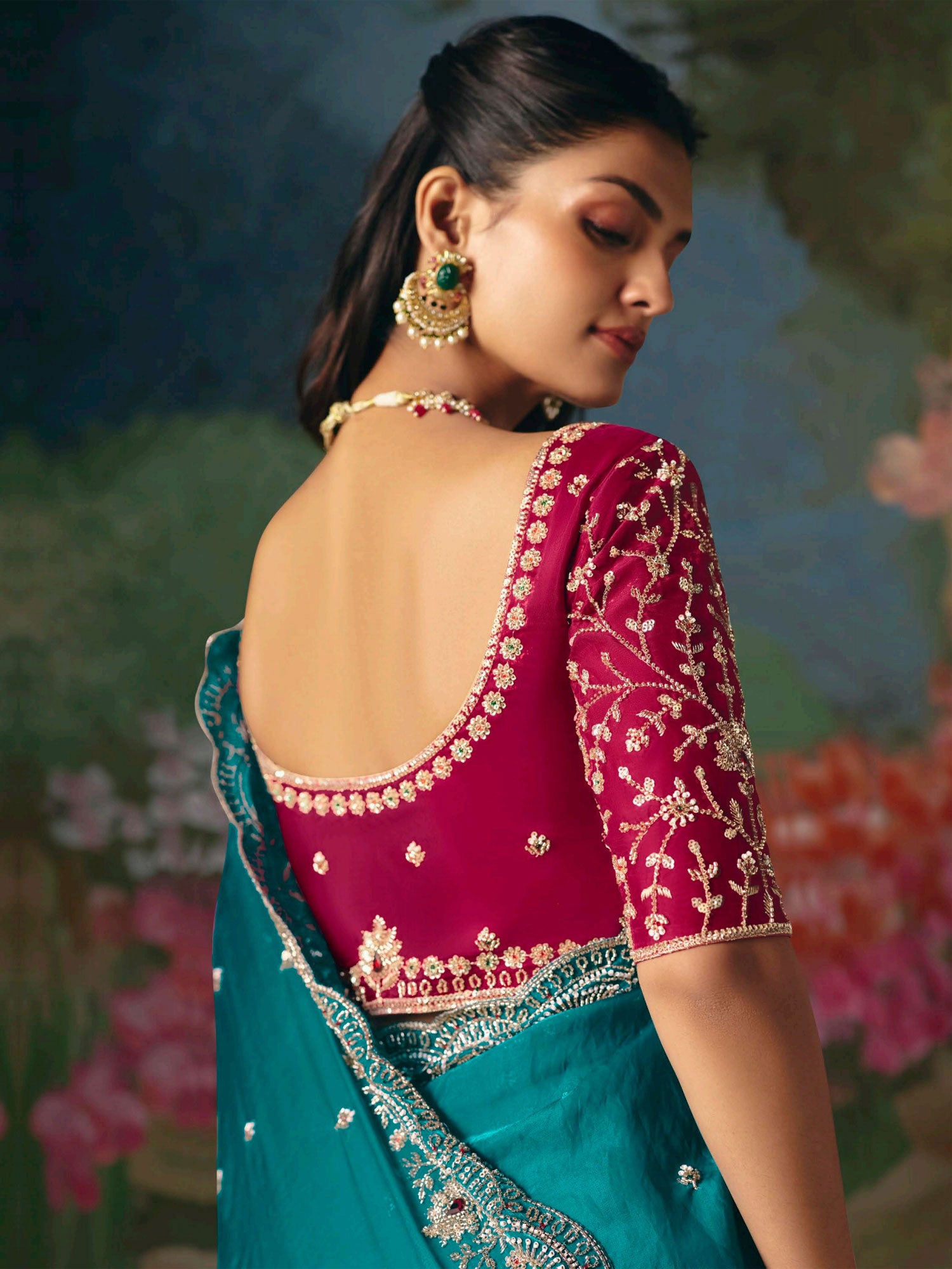 Turquoise Party Wear Saree In Thread Work