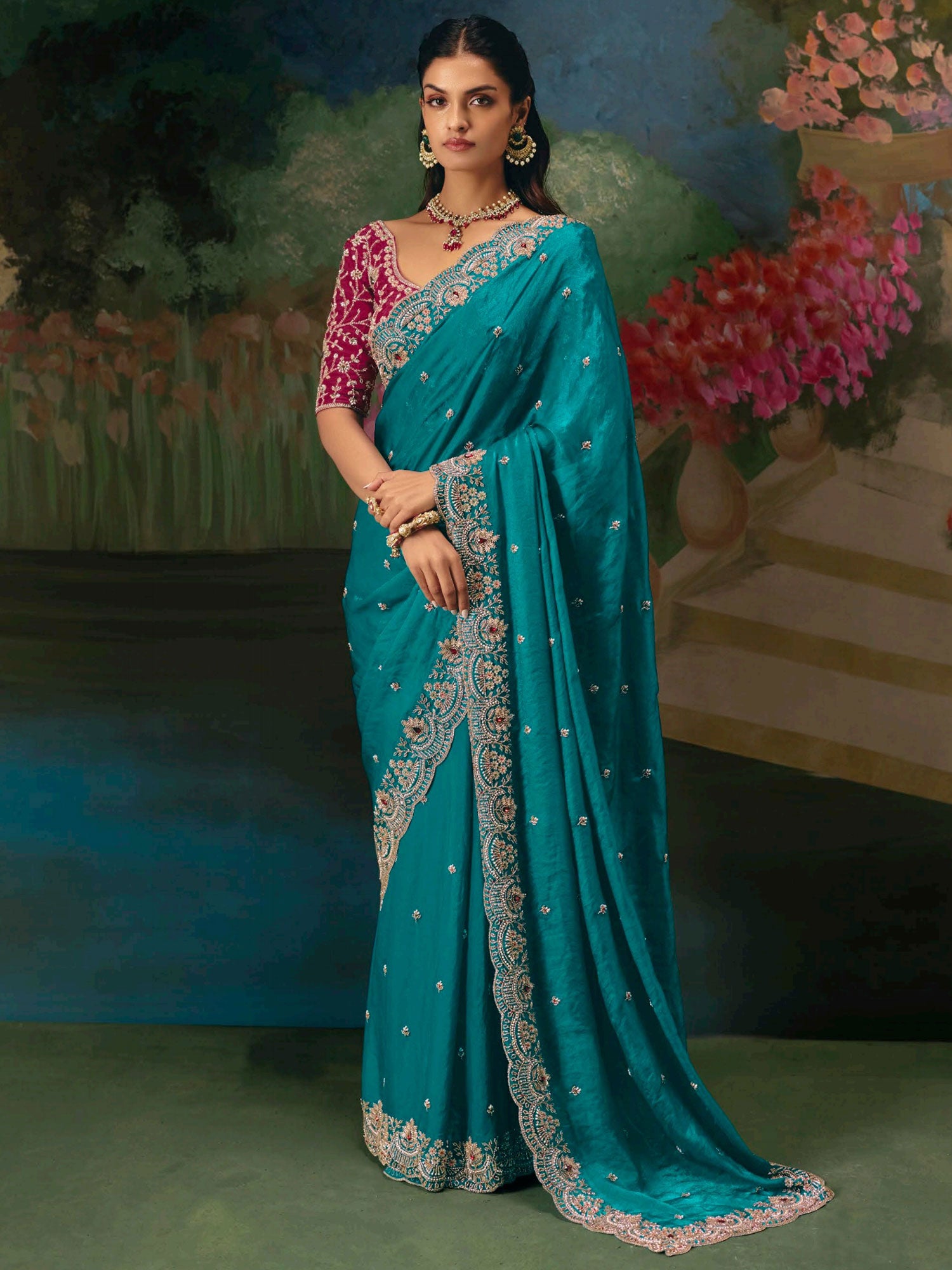 Turquoise Party Wear Saree In Thread Work