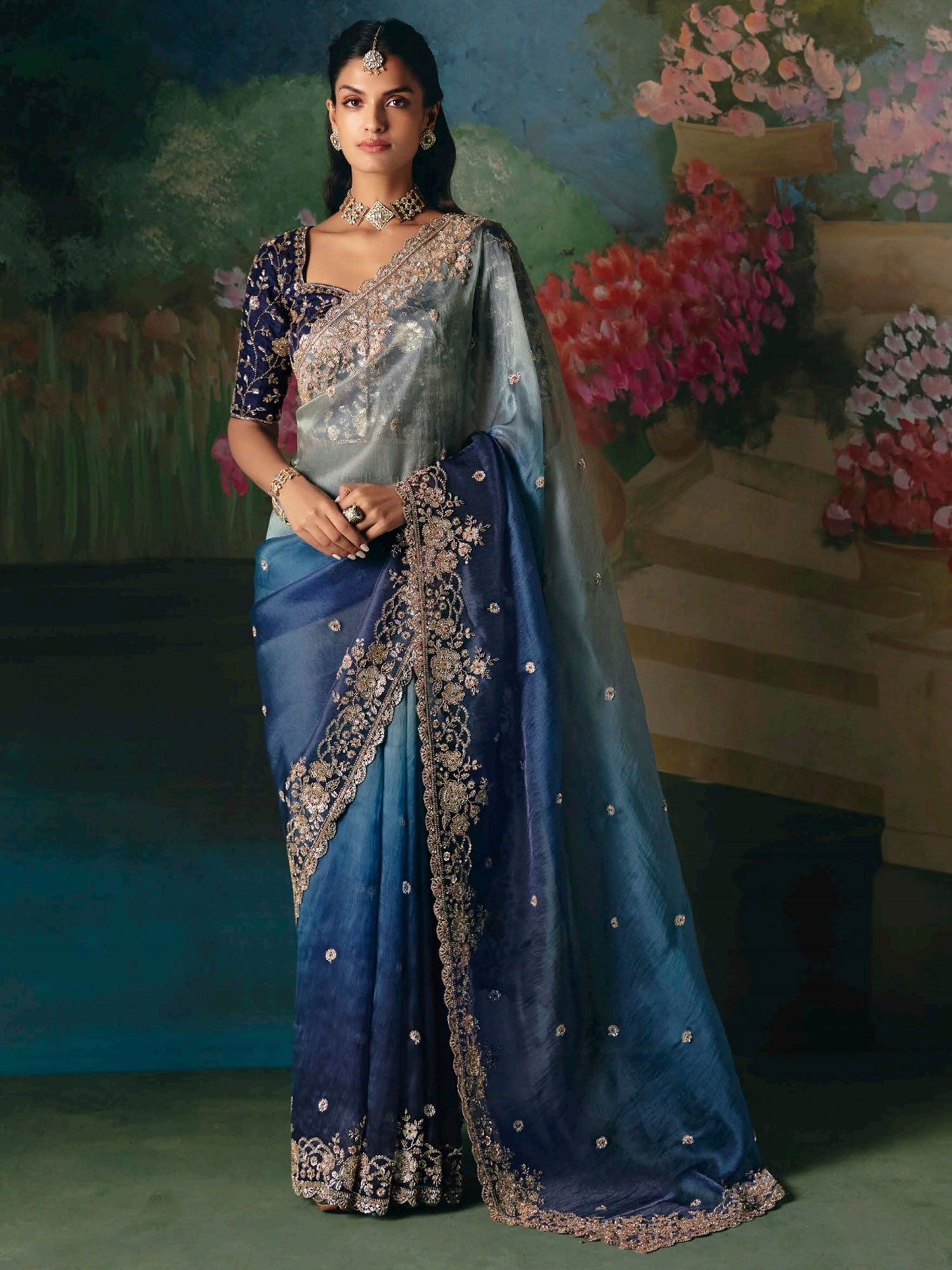 Blue And Gray Ombre Shaded Party Saree