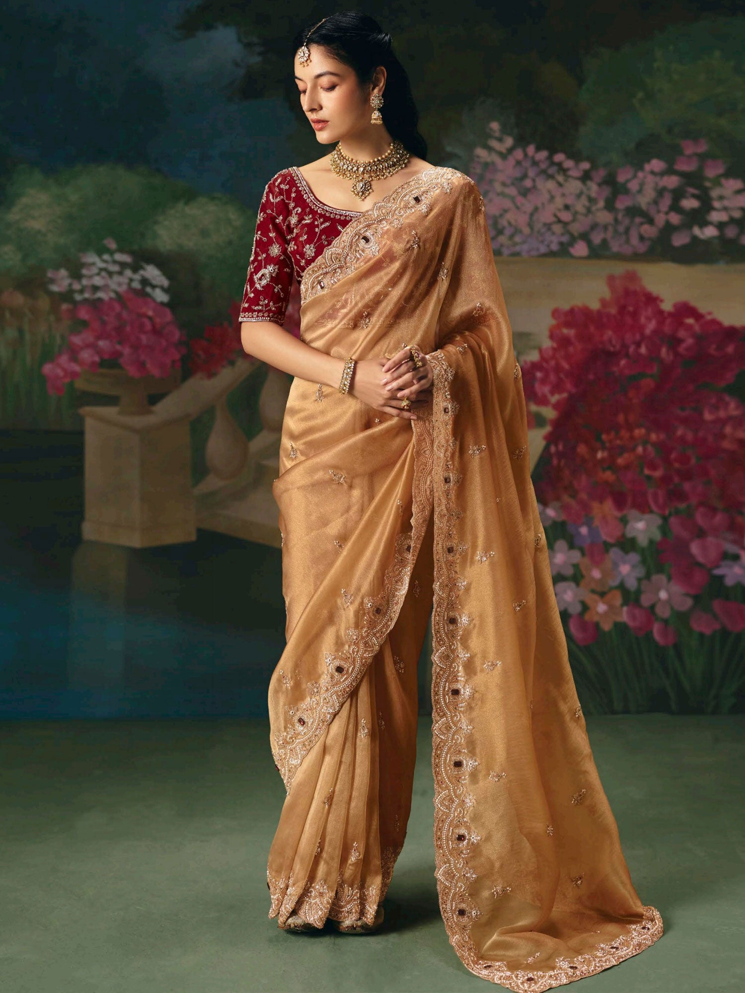 Golden Embroidered Saree With Heavy Border