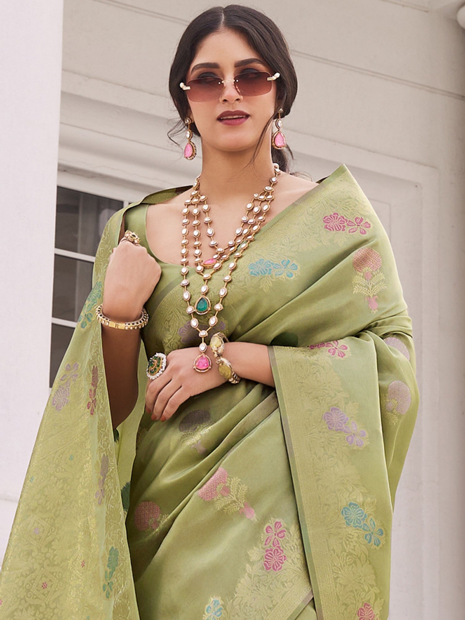 Green Woven Work Party Saree In Silk