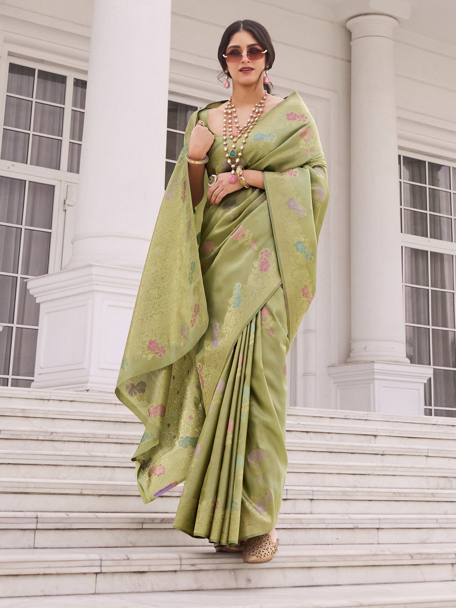 Green Woven Work Party Saree In Silk