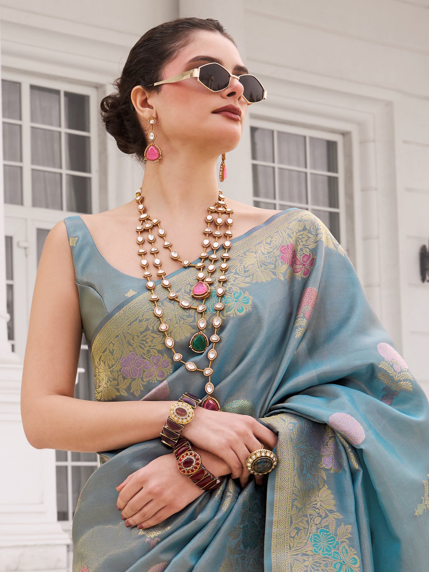 Blue Party Saree With Heavy Zari Woven Pallu