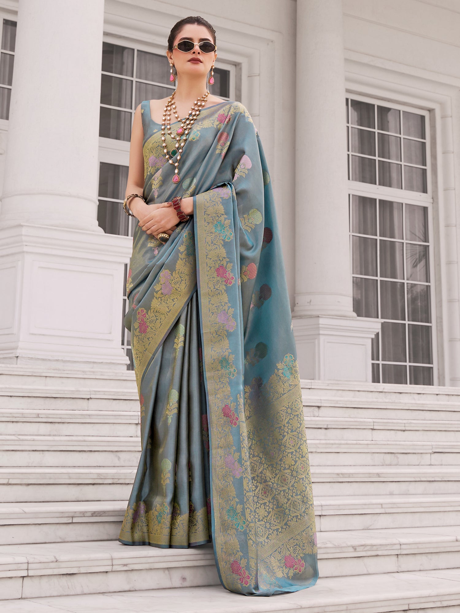 Blue Party Saree With Heavy Zari Woven Pallu