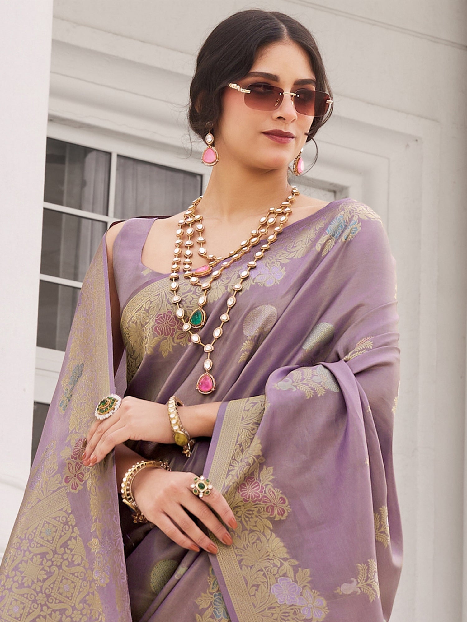 Light Purple Zari Weaving Party Saree In Silk