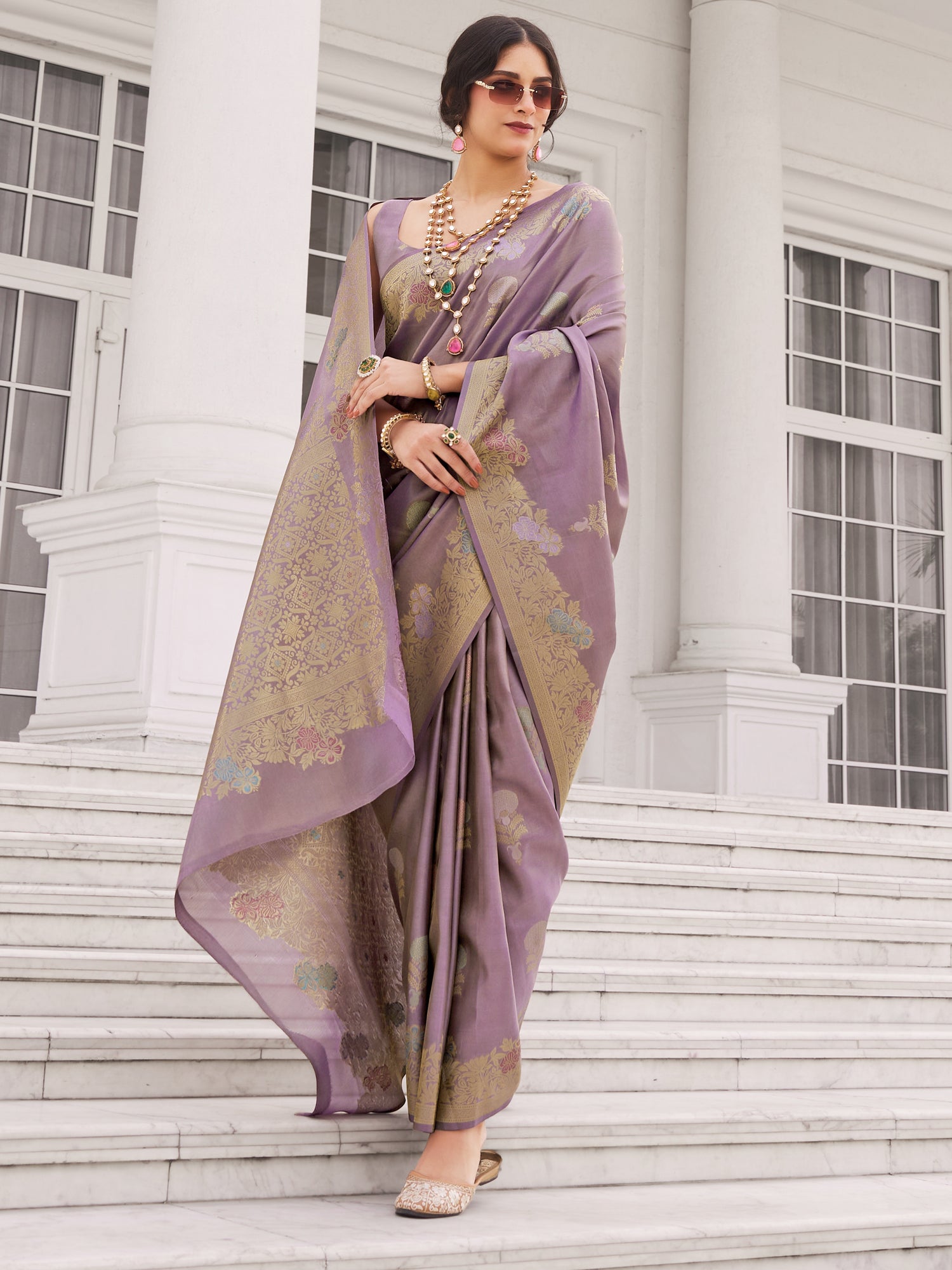 Light Purple Zari Weaving Party Saree In Silk