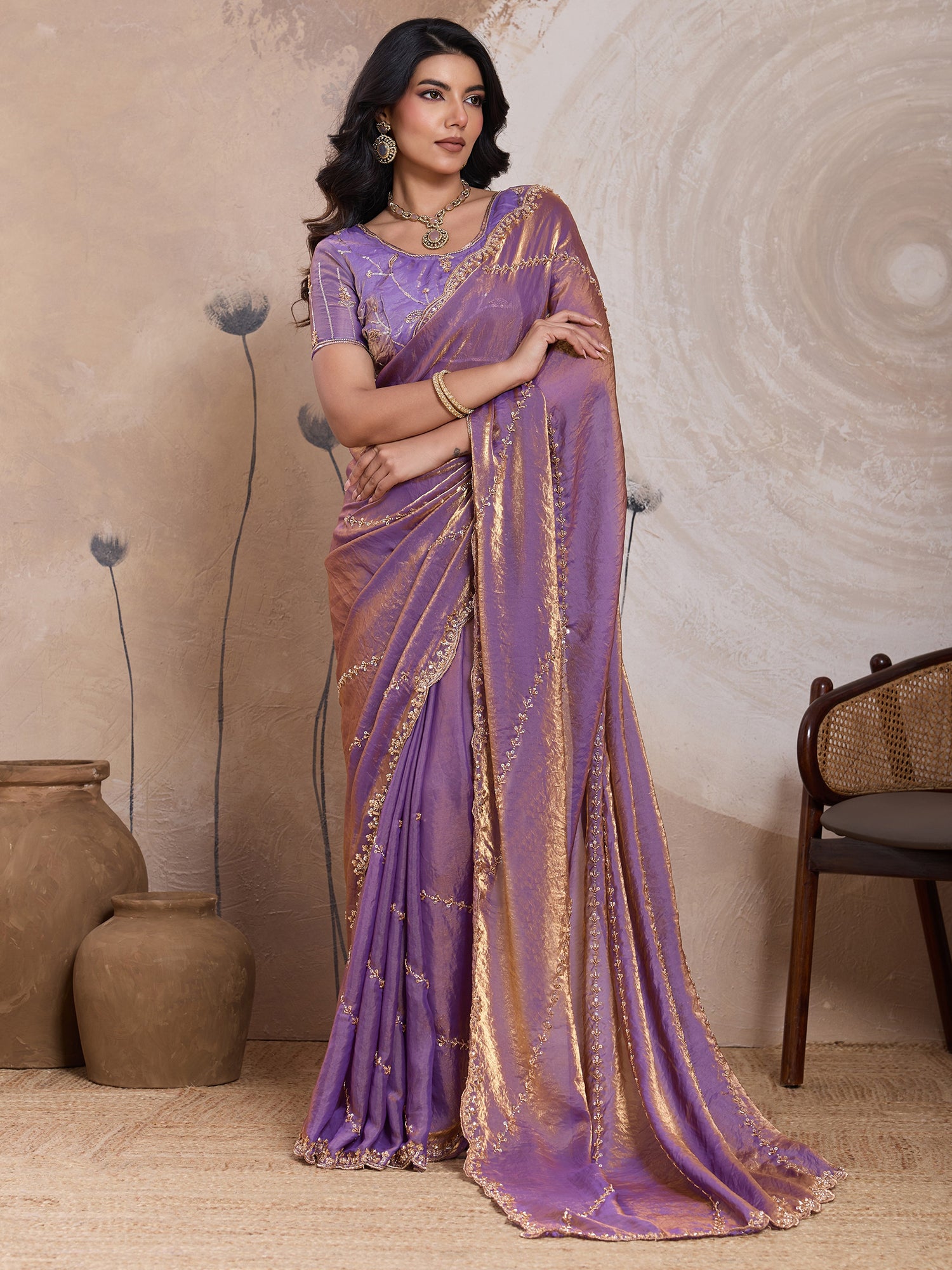 Blue Sequins Embroidered Saree With Blouse