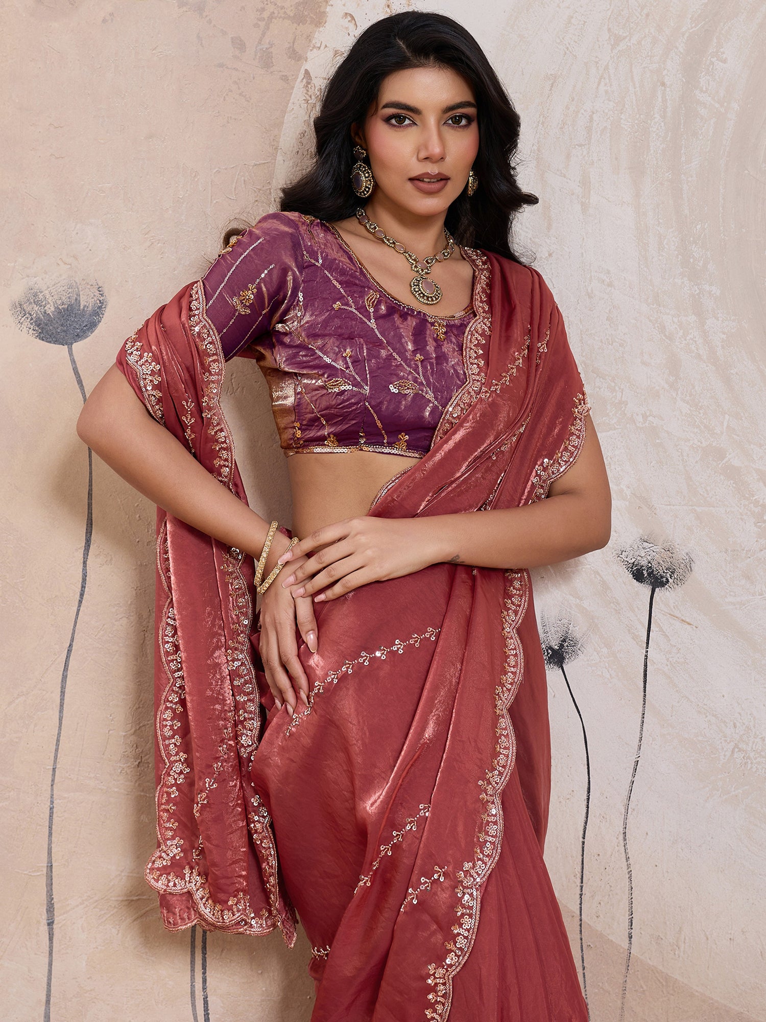 Dark Peach Wedding Saree In Zari Work