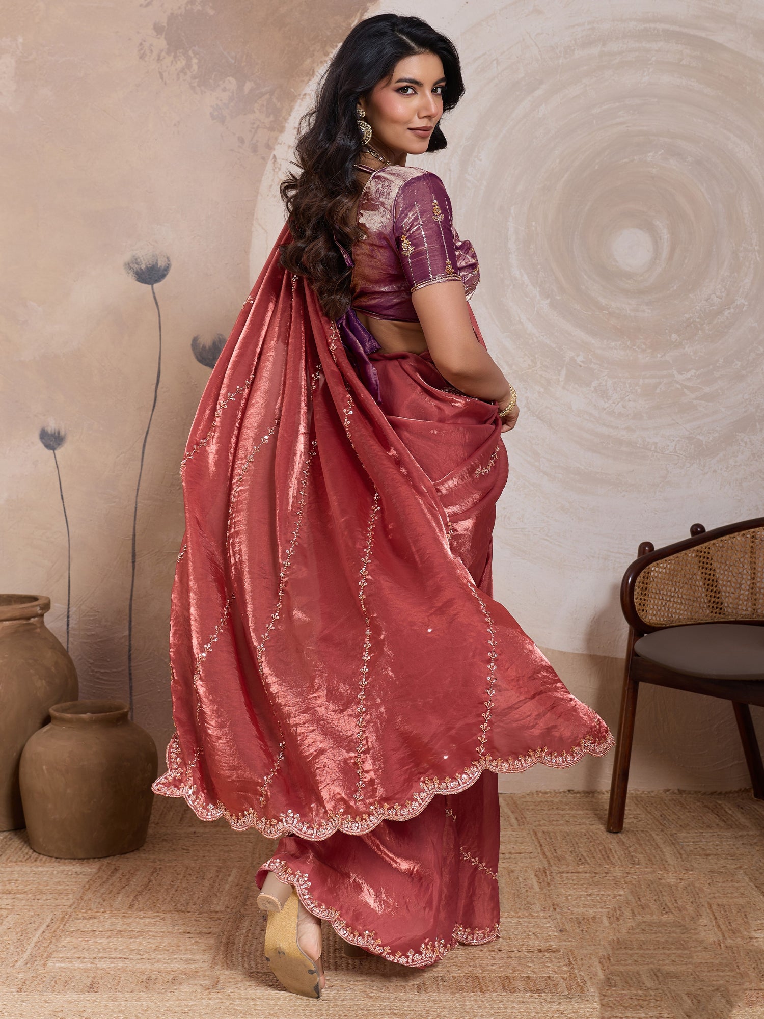 Dark Peach Wedding Saree In Zari Work