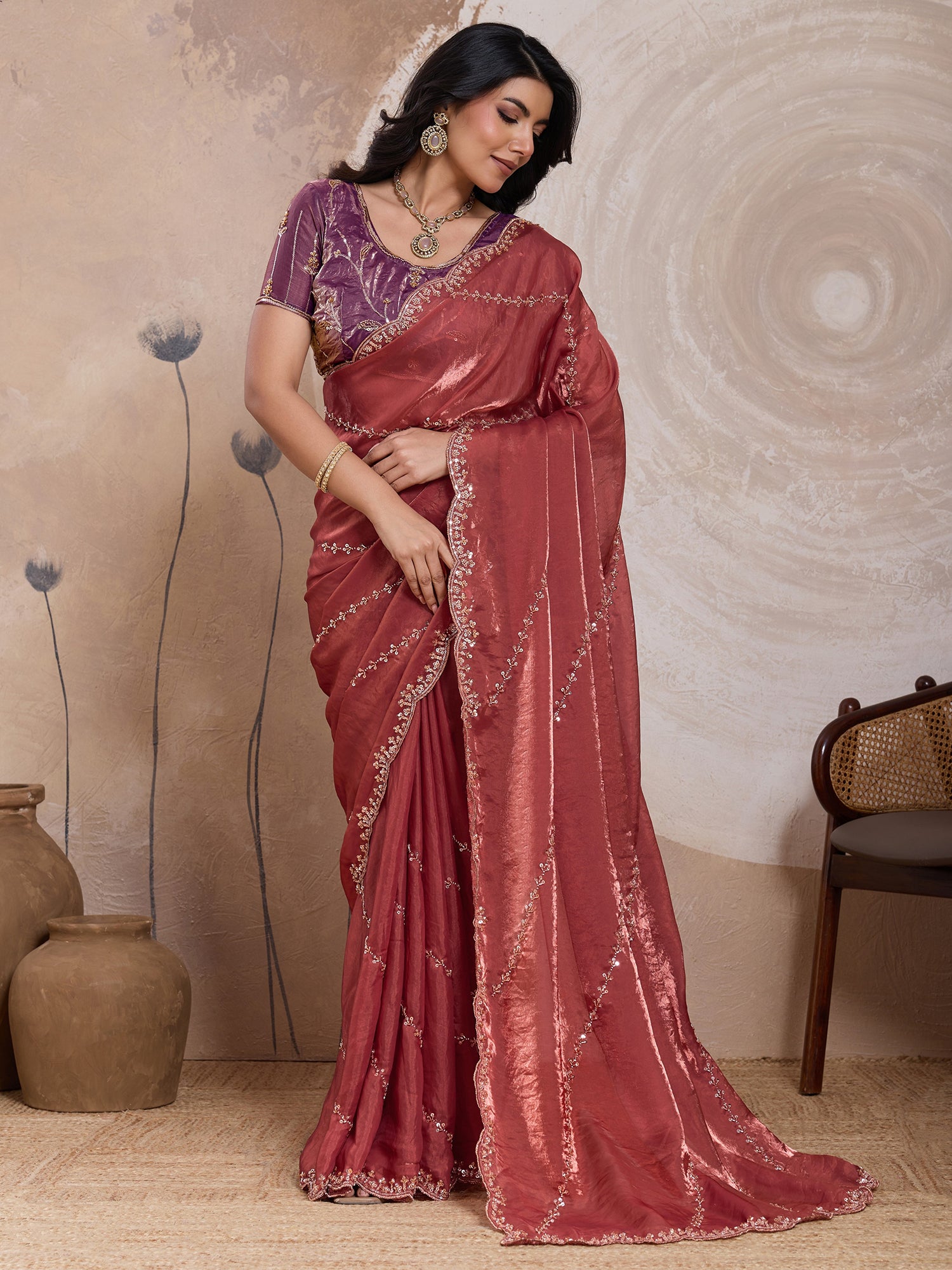 Dark Peach Wedding Saree In Zari Work
