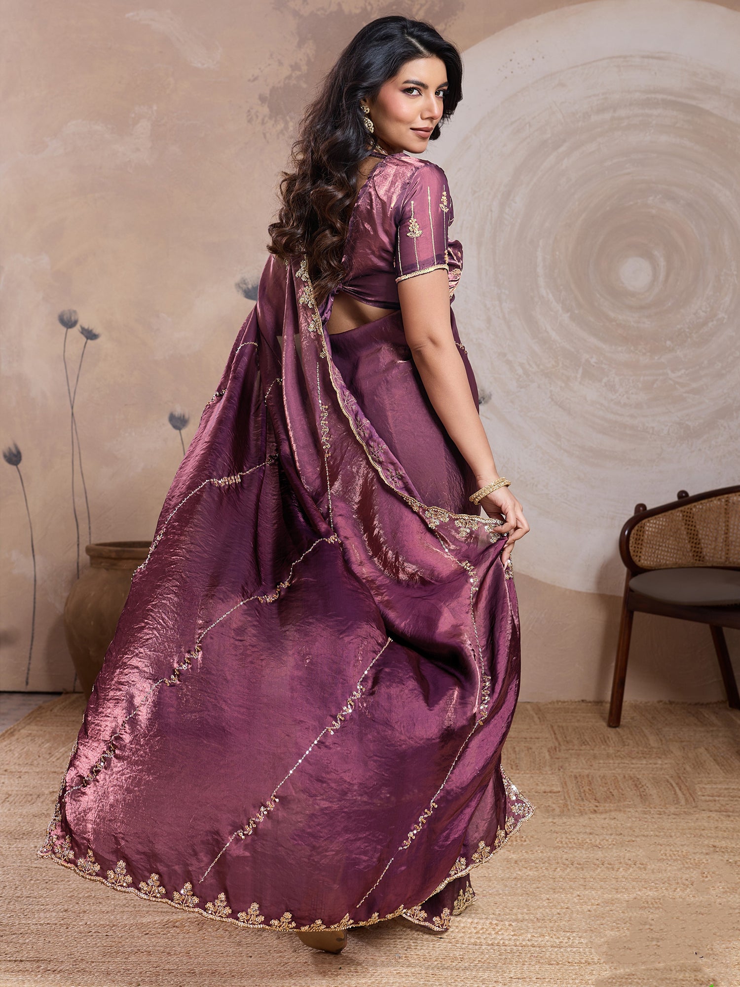 Wine Zari Work Embellished Bridesmaid Saree