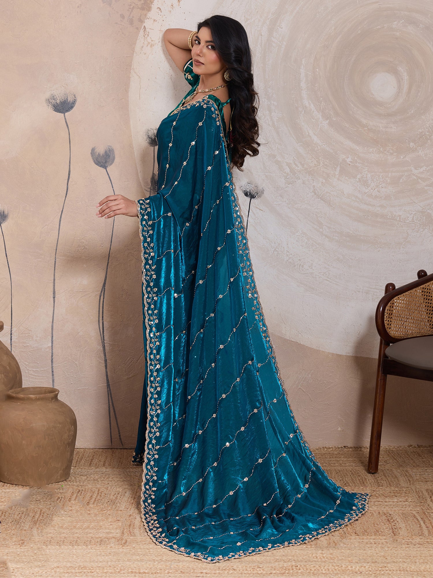 Teal Blue Party Velevt Satin Saree In Zari Work