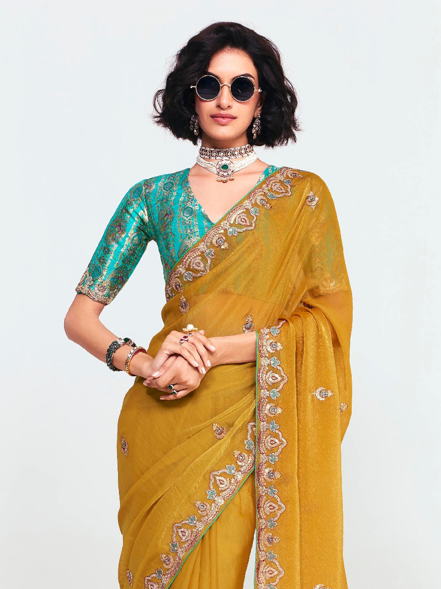 Yellow Festive Wear Saree With Floral Borders