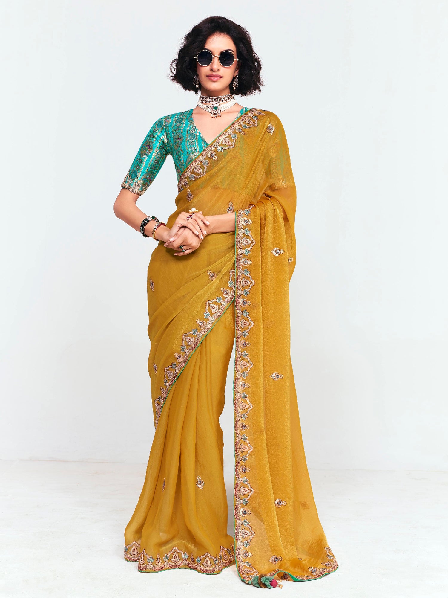 Yellow Festive Wear Saree With Floral Borders