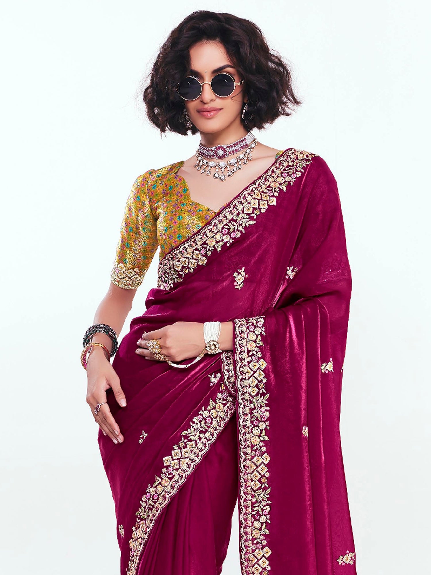 Magenta Stone Work Wedding Wear Saree