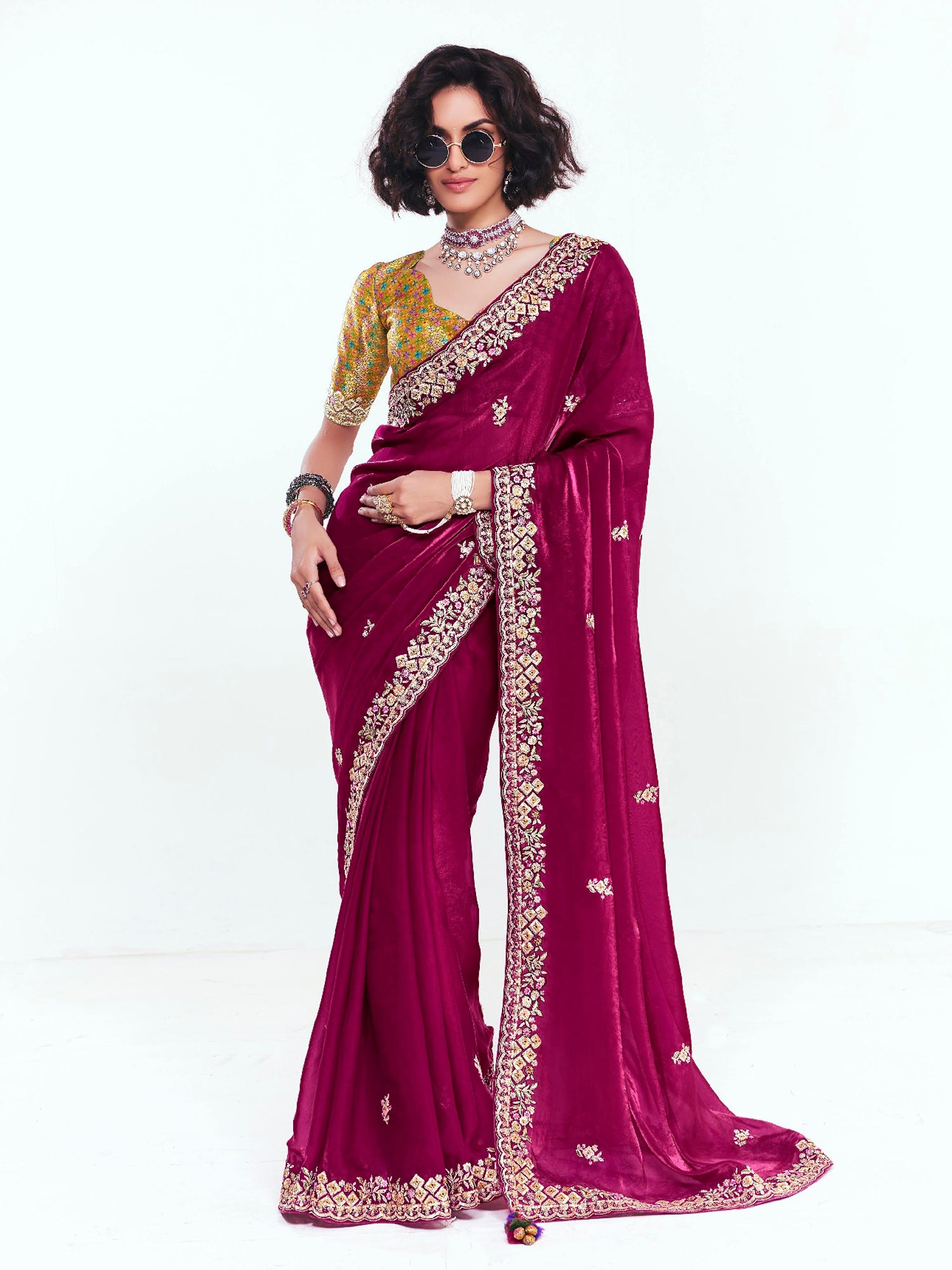 Magenta Stone Work Wedding Wear Saree