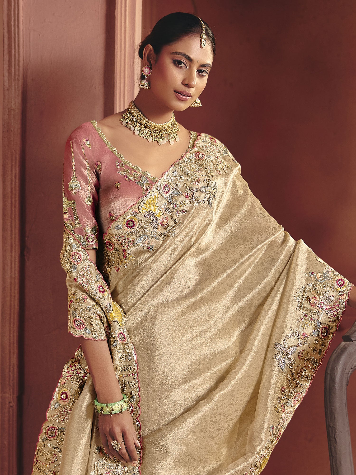 Beige Heavy Stone Embroidered Saree In Silk