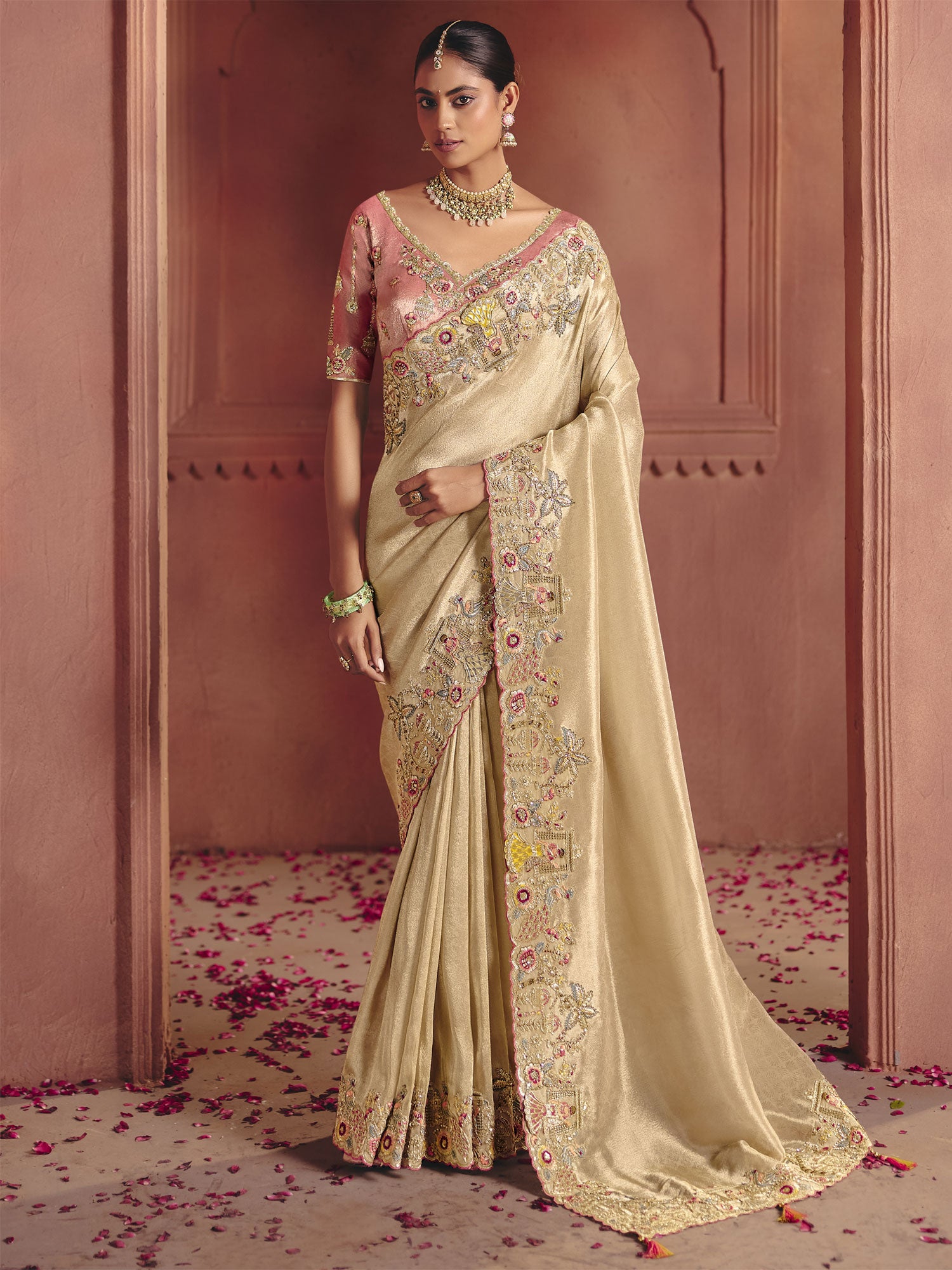 Beige Heavy Stone Embroidered Saree In Silk