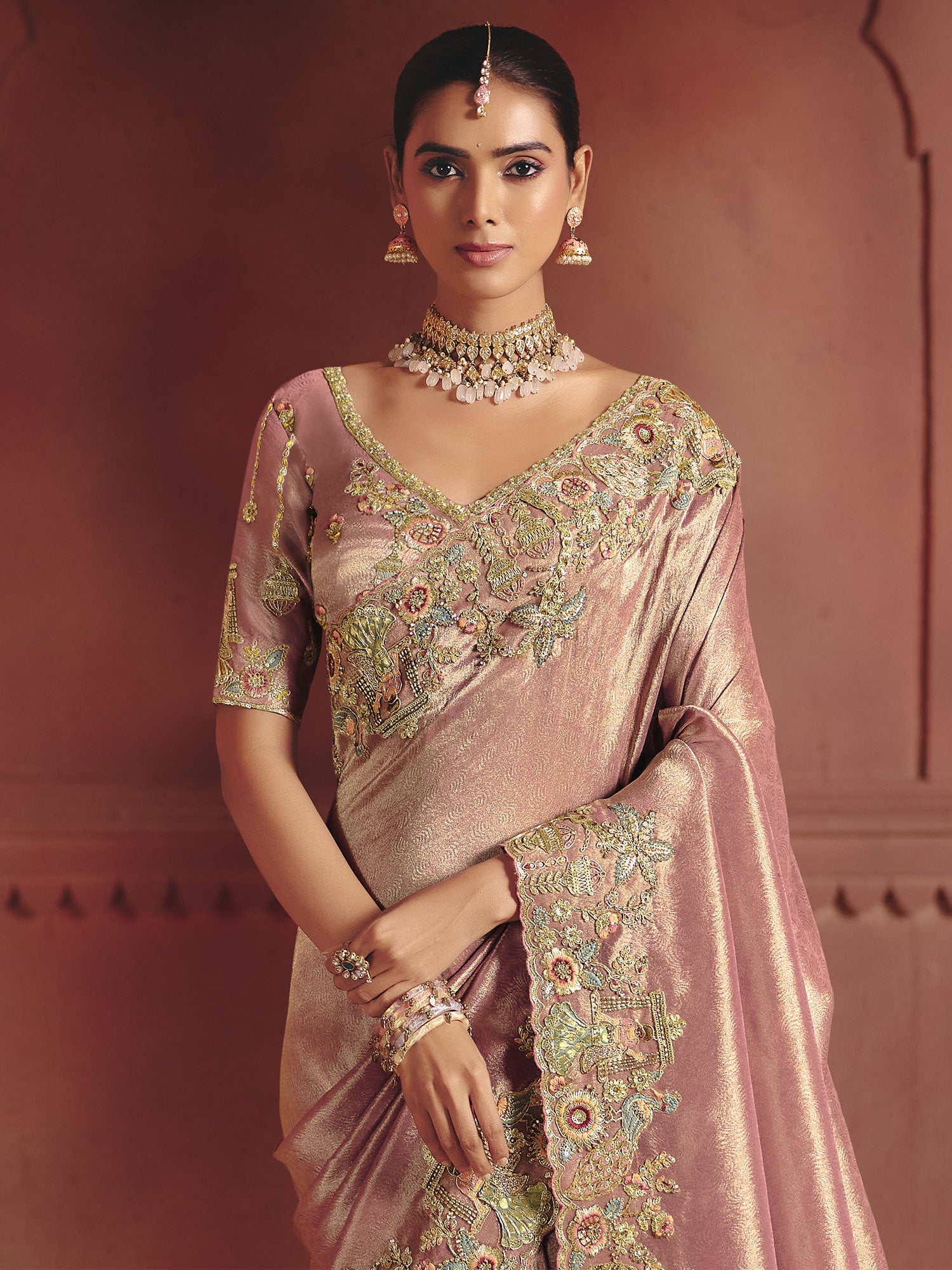 Pink Zari Embellished Silk Saree With Blouse