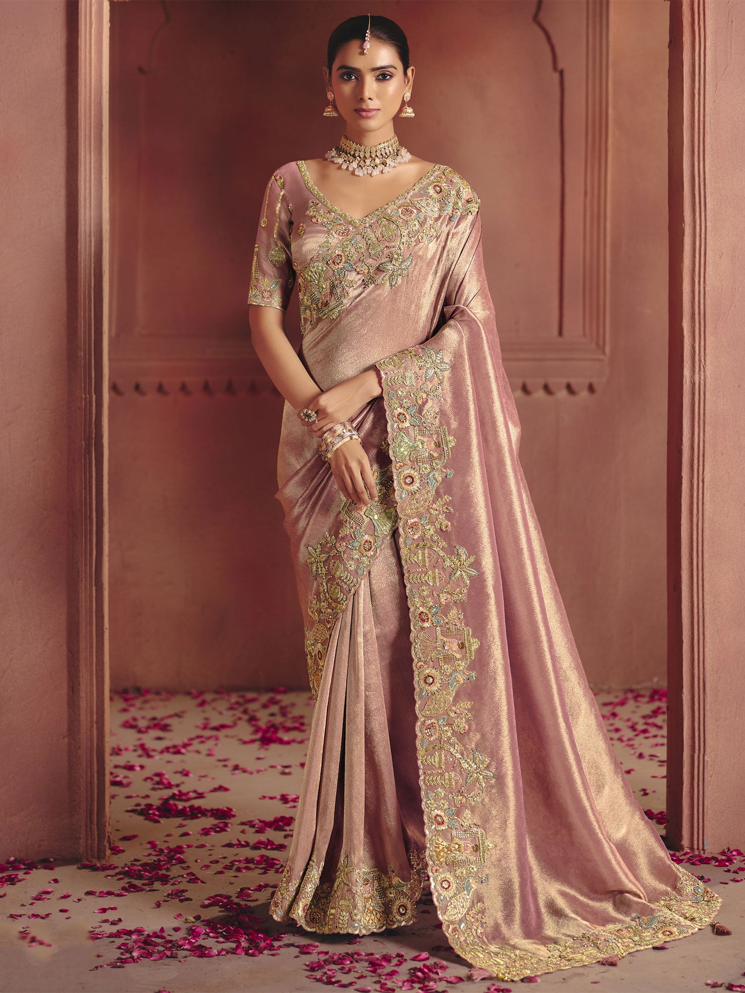 Pink Zari Embellished Silk Saree With Blouse