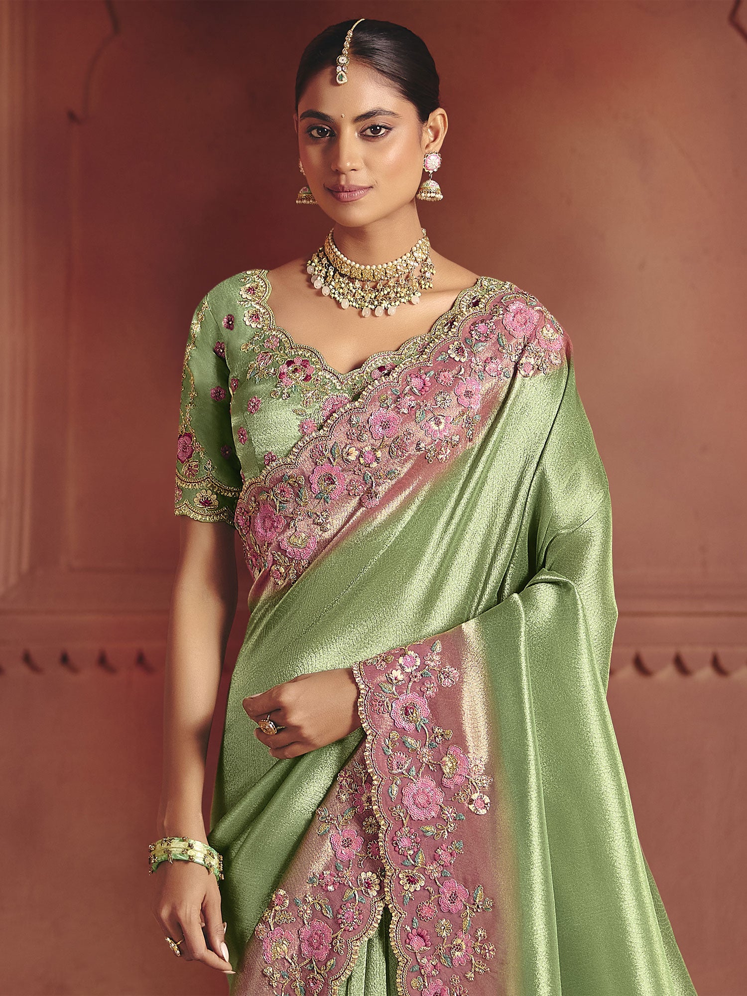 Pista Green Bridesmaid Saree With Heavy Borders