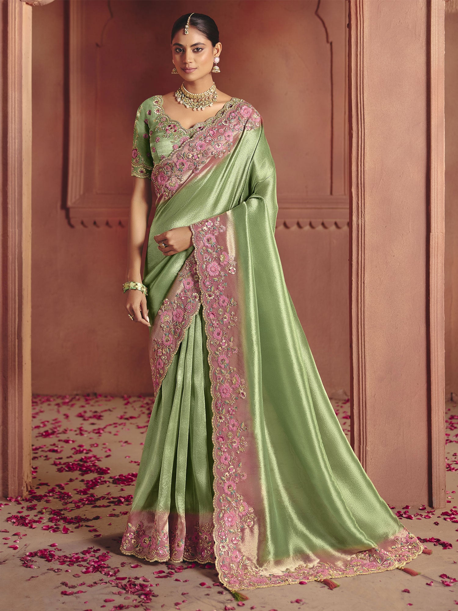 Pista Green Bridesmaid Saree With Heavy Borders