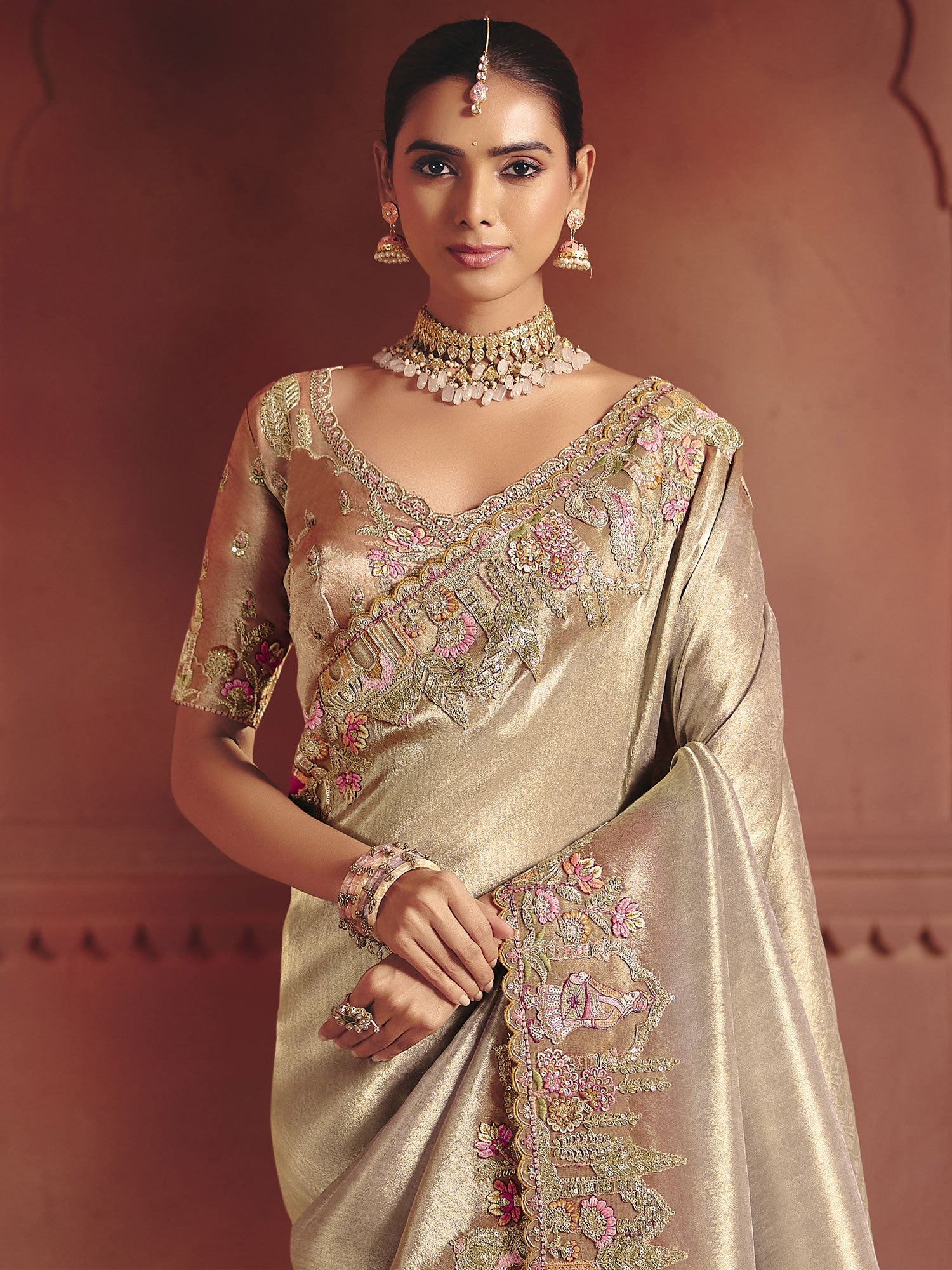 Beige Party Wear Saree With Embroidred Blouse