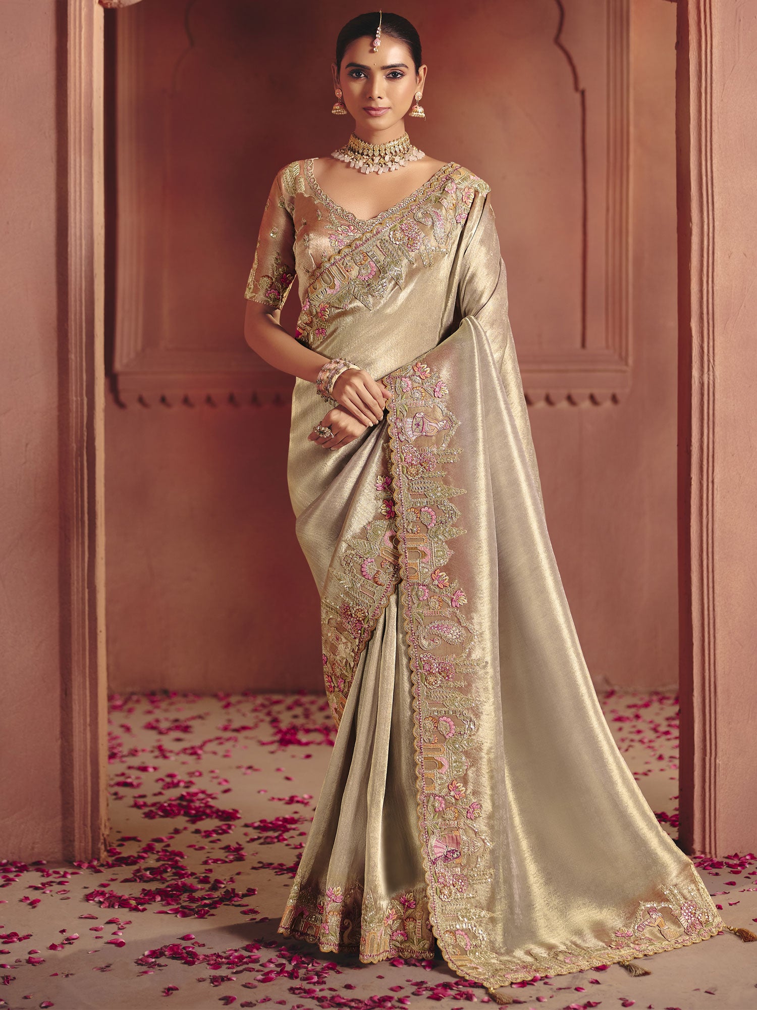 Beige Party Wear Saree With Embroidred Blouse